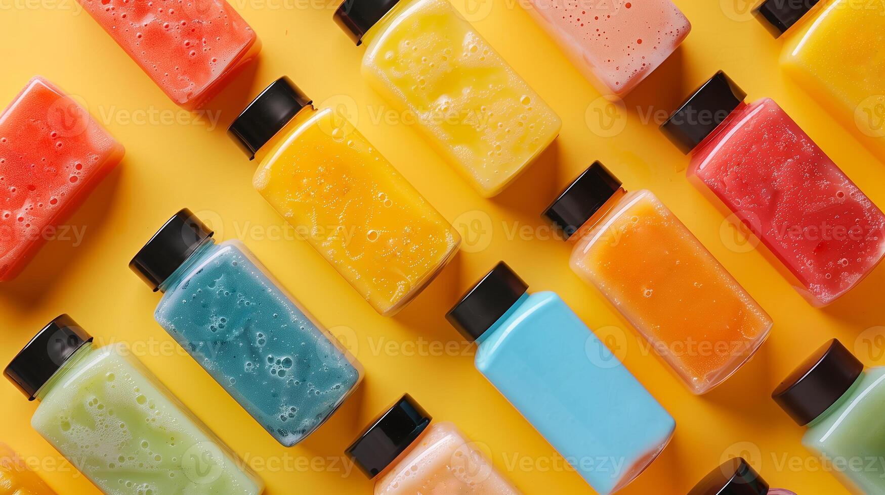 Vividly colored bottles of various fruit smoothies arranged neatly on a bright yellow background, showcasing a variety of flavors. photo