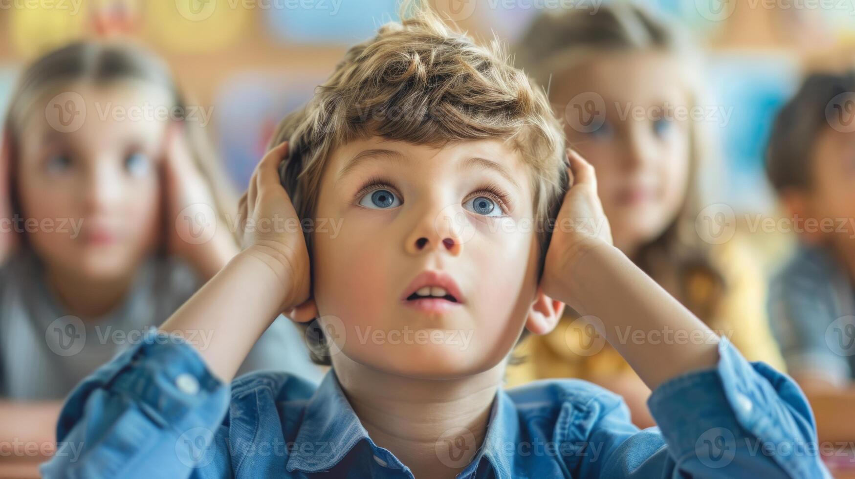 A young boy is attentively looking at his hands in front of a classroom filled with students and a teacher. photo