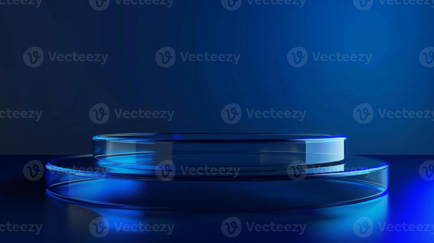 A round glass podium is illuminated by blue lights in a dark setting, creating a modern and sleek atmosphere. photo