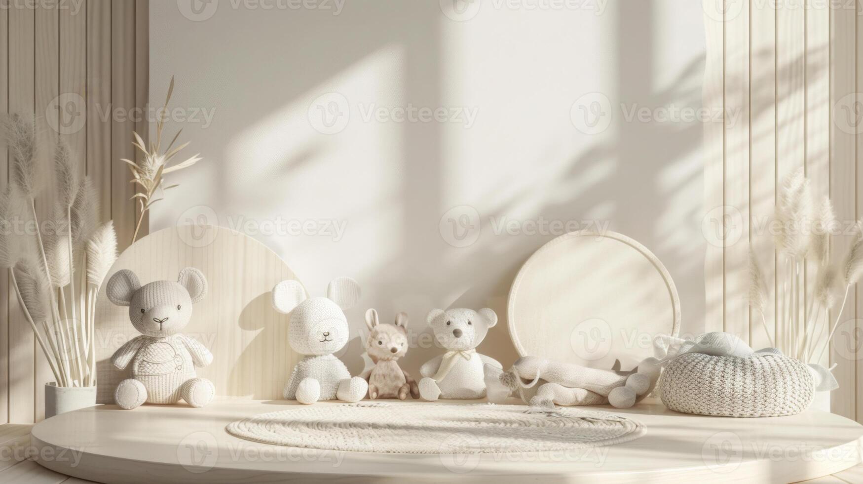 A collection of cute plush toys, including bears and bunnies, arranged on wooden shelves in a cozy, sunlit nursery room. photo