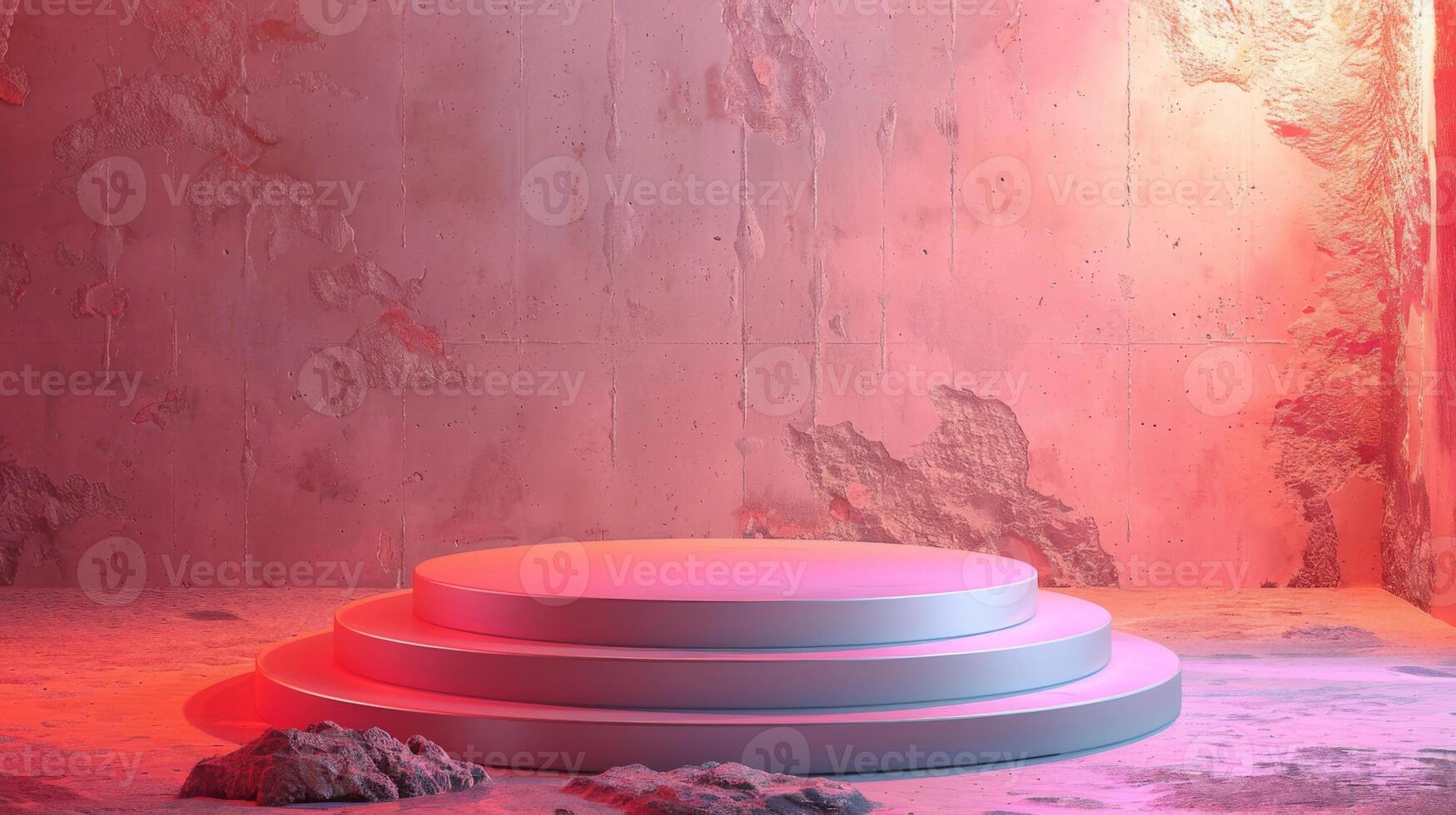 A minimalist stage with circular platforms lit by a pink spotlight. The textured walls and scattered rocks create a modern, abstract atmosphere at sunset. photo