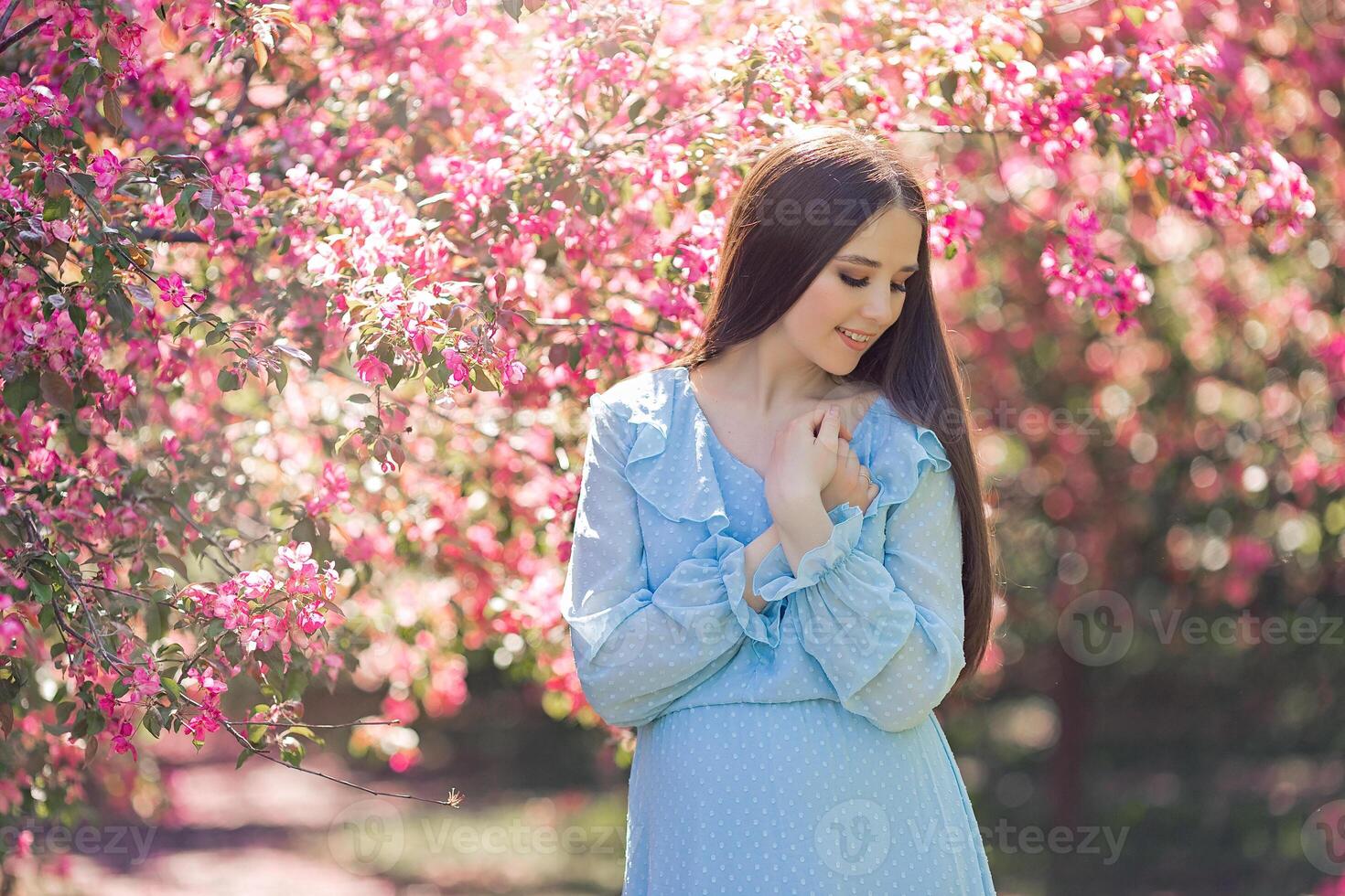 Pretty girl in dress, is standing near a pink blooming apple trees, photo