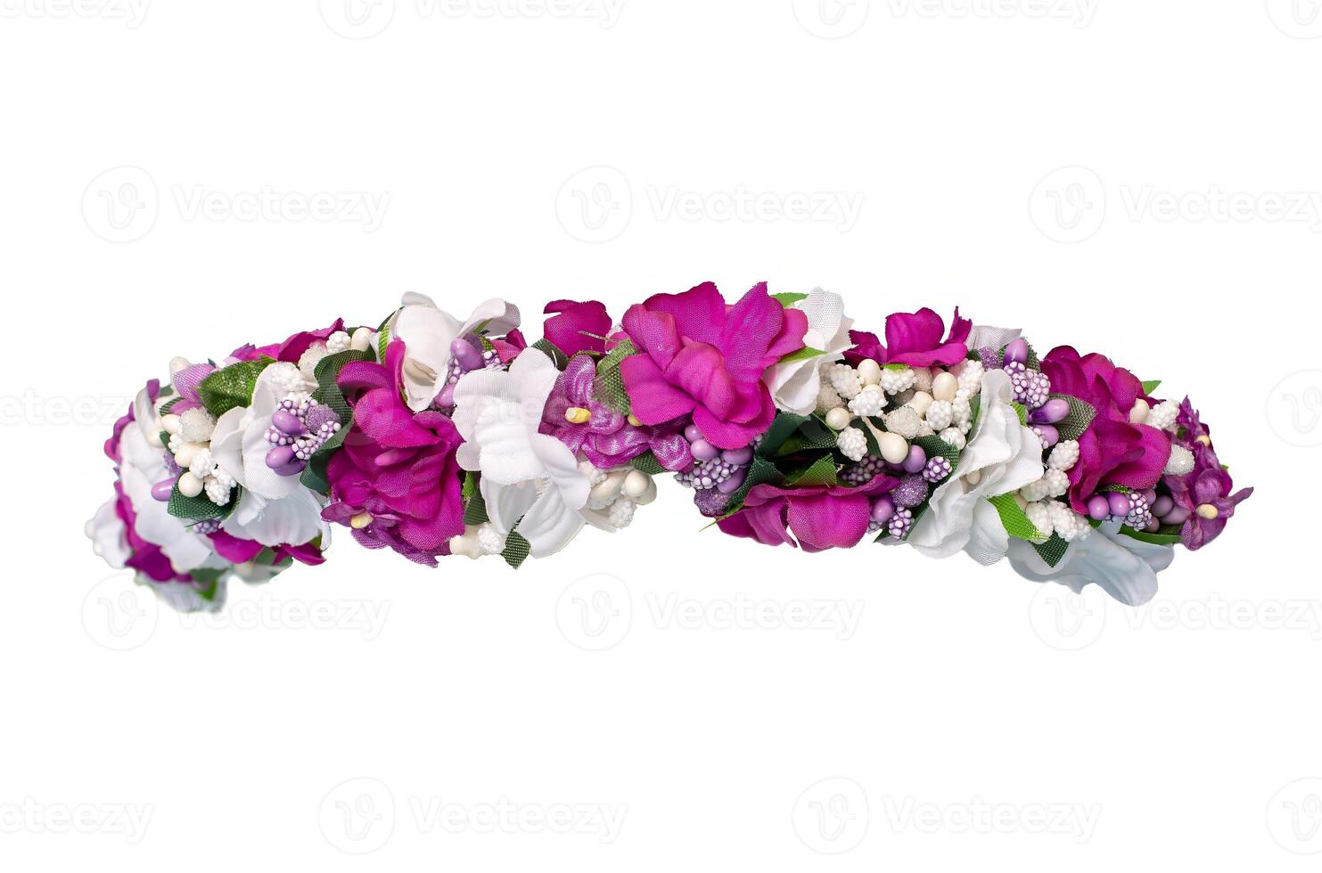 beautiful wreath of different artificial purple and white flowers, isolated on a white background photo