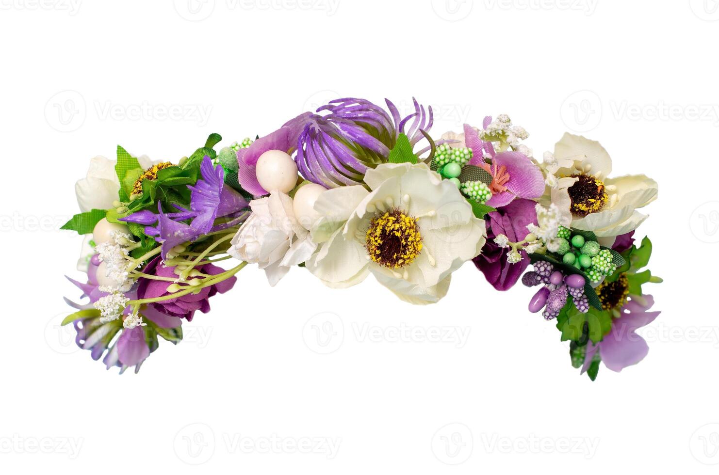 beautiful wreath of different artificial flowers, isolated on a white background photo