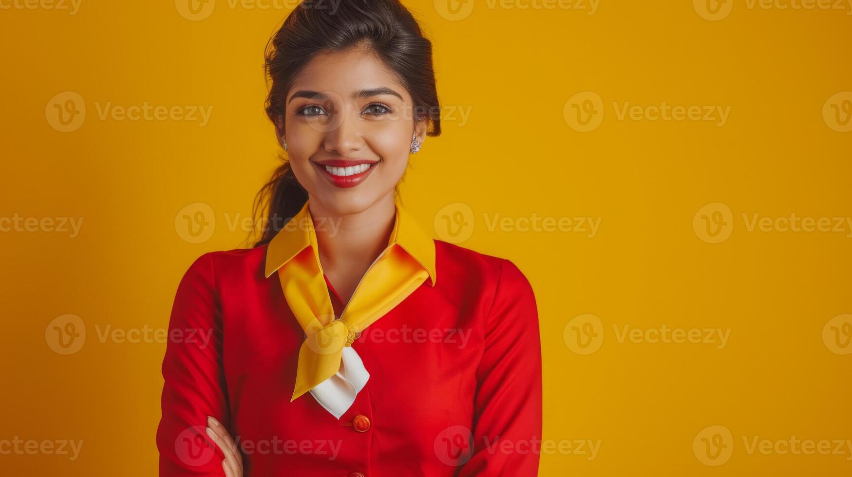 A cheerful woman dressed in a red and yellow professional uniform stands confidently with her arms crossed against a bright yellow backdrop. photo