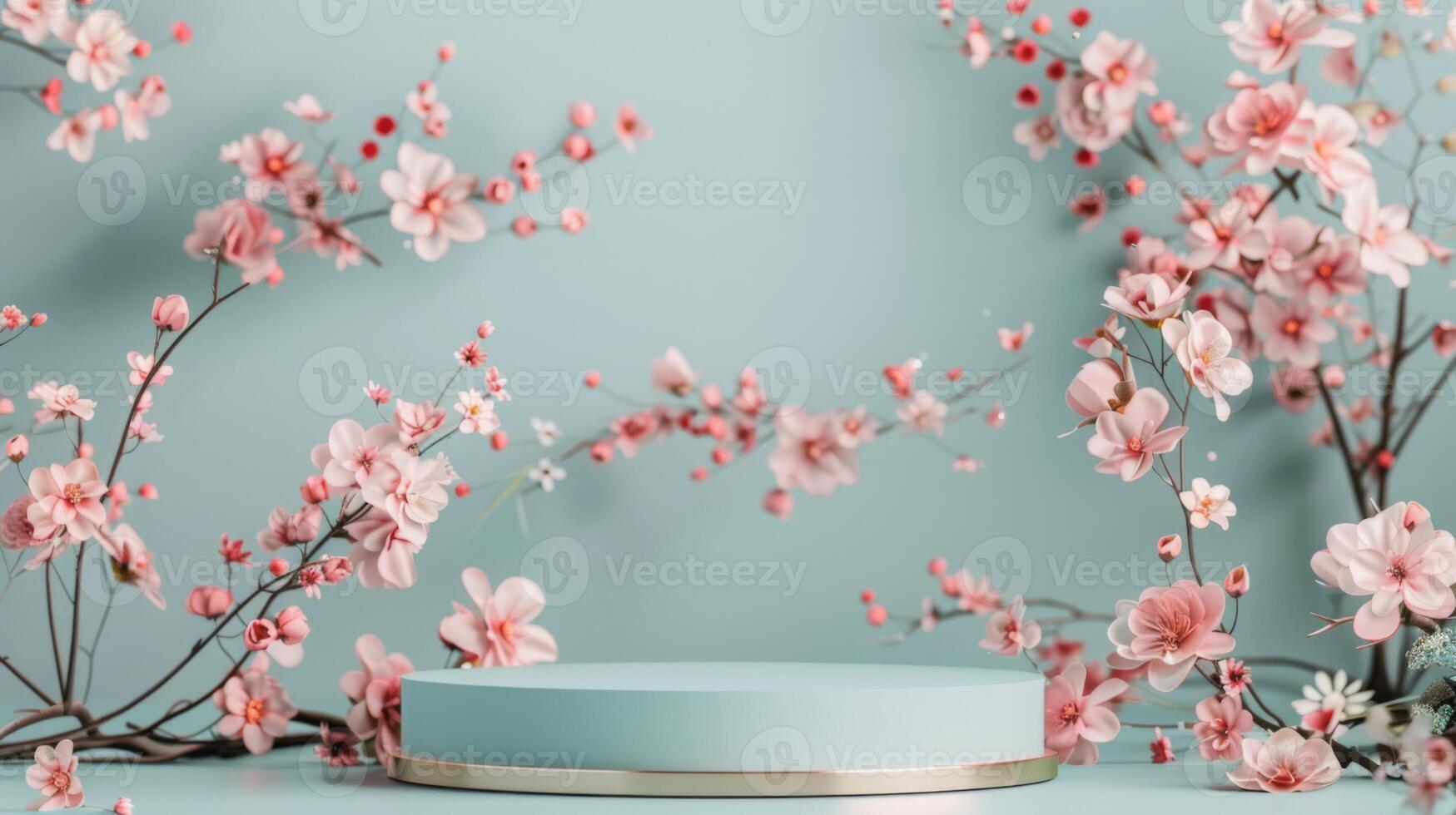 A pastel blue pedestal is surrounded by delicate pink blossoms, arranged gracefully against a light blue backdrop, creating a serene and elegant spring display. photo