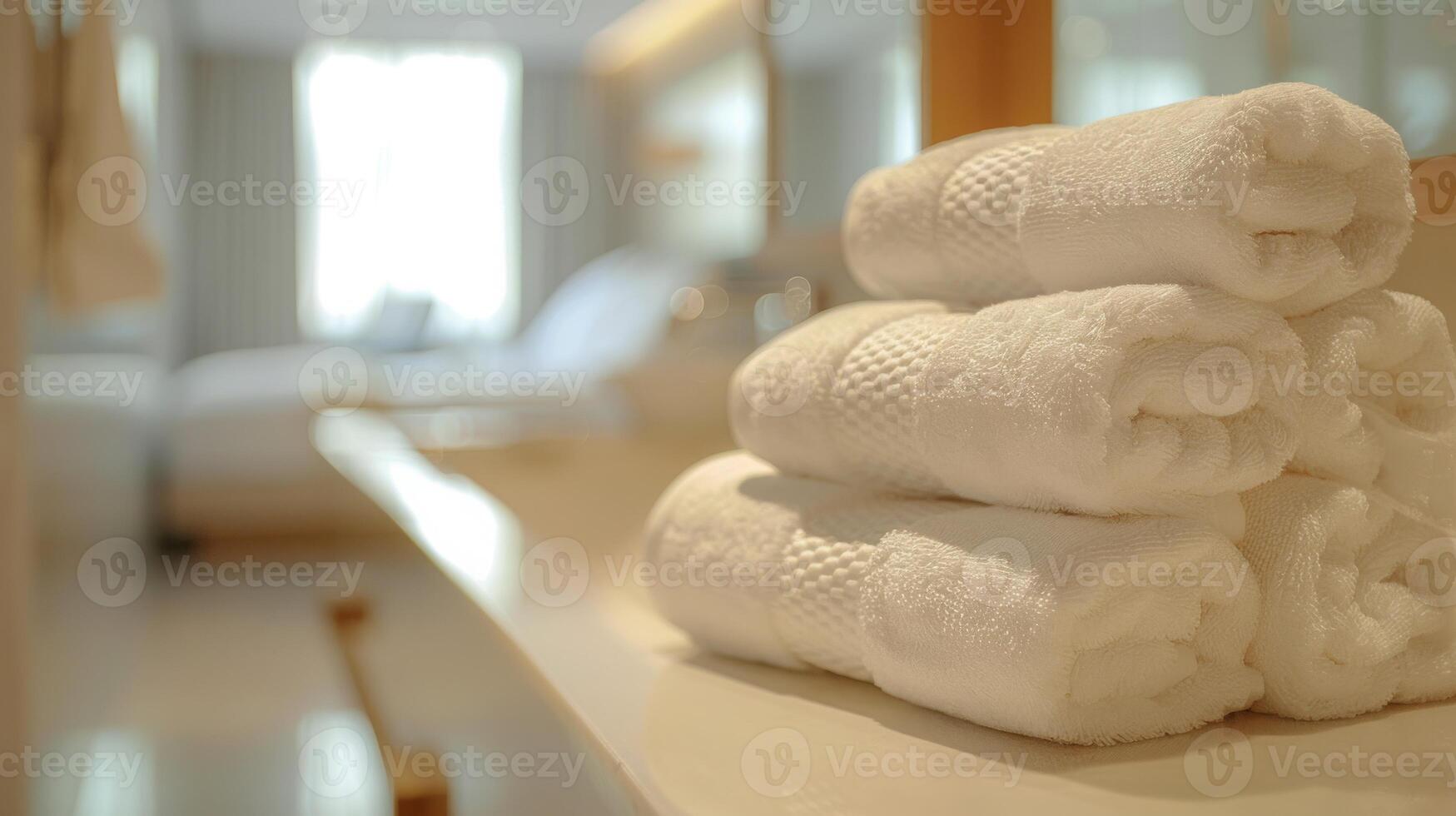 A set of clean, white towels is neatly stacked on a bathroom counter, with soft natural light filtering through nearby windows. photo