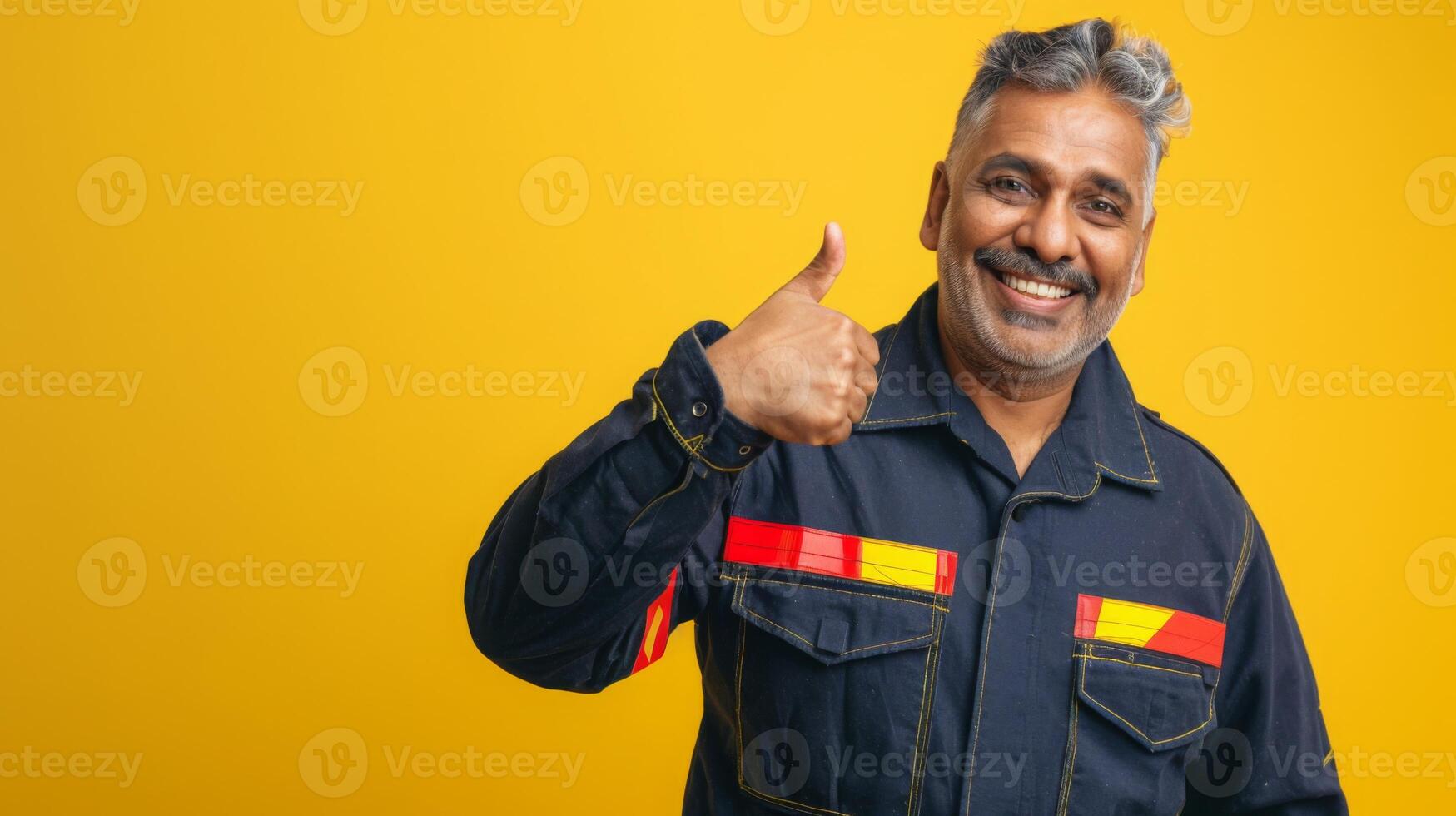 A middle-aged man in a dark protective worker uniform with red and yellow accents gives a thumbs up while smiling, standing against a vibrant yellow background. photo