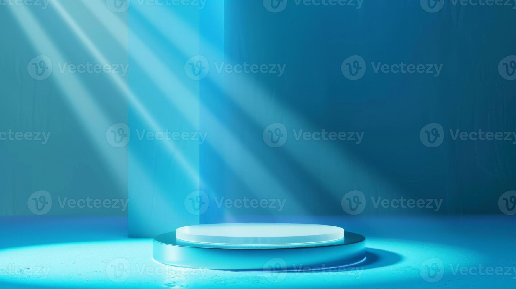 An empty circular stage is illuminated by bright blue lights, with rays of light streaming into a modern, blue room. photo