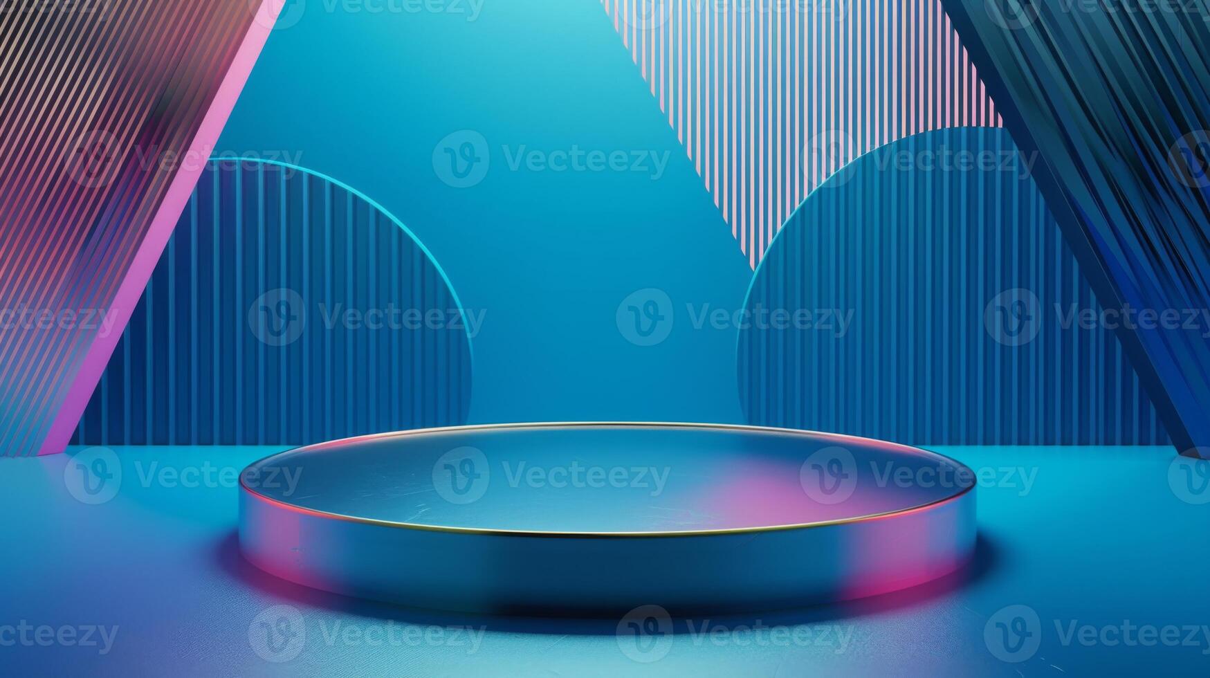 A futuristic, circular stage with vibrant blue and pink neon lights illuminating a geometric background. photo