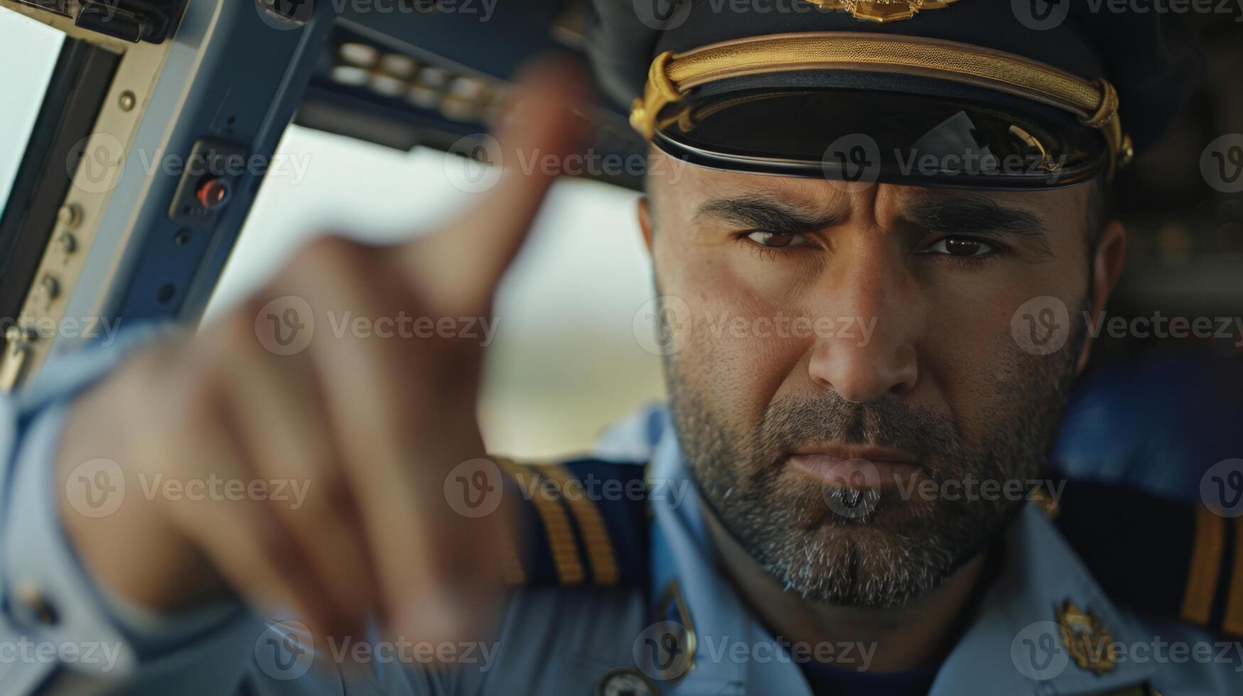 A focused pilot wearing a uniform and cap points forward while seated in a cockpit on a clear daytime flight. photo
