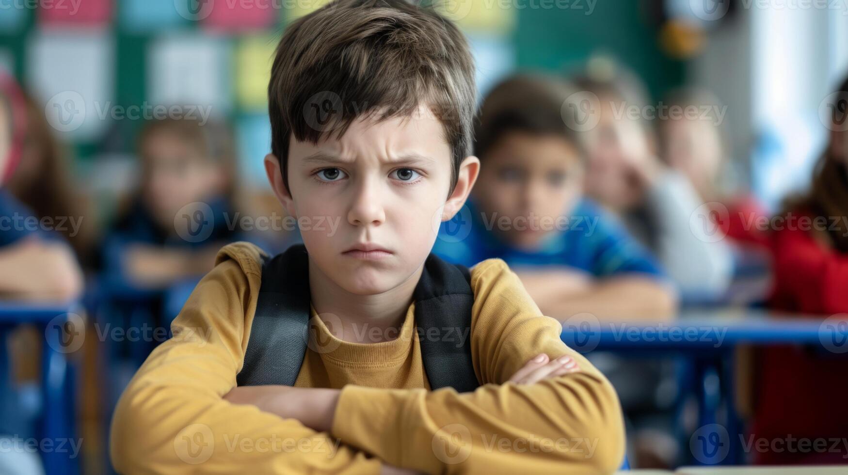 A young boy is seated in front of a classroom, listening attentively to the teacher. photo