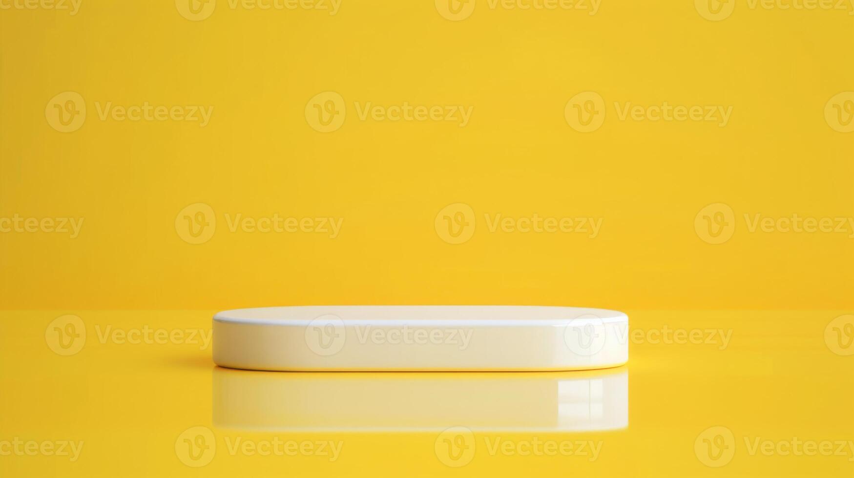 A minimalistic white platform placed on a reflective yellow surface with a solid yellow background in a studio setting. photo