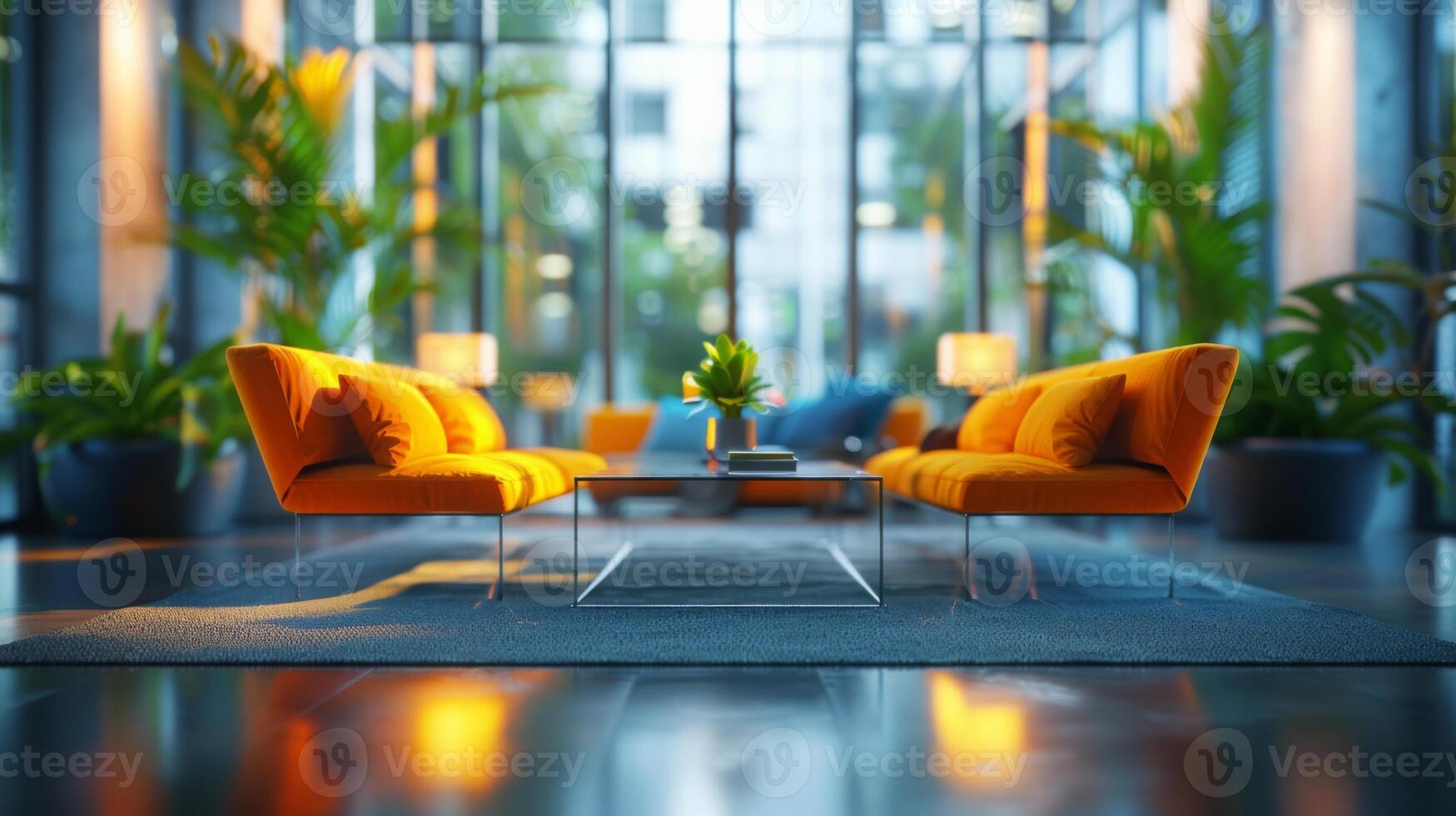 A modern lounge area with vibrant orange sofas and glass walls, surrounded by lush green plants, illuminated by daylight. photo