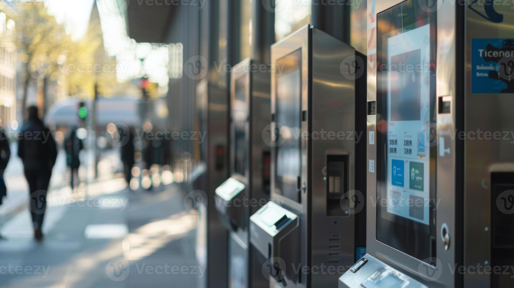 Rows of sleek ticket kiosks line a street in a bustling urban area, with pedestrians and blurred vehicles in the background on a clear, sunny day. photo