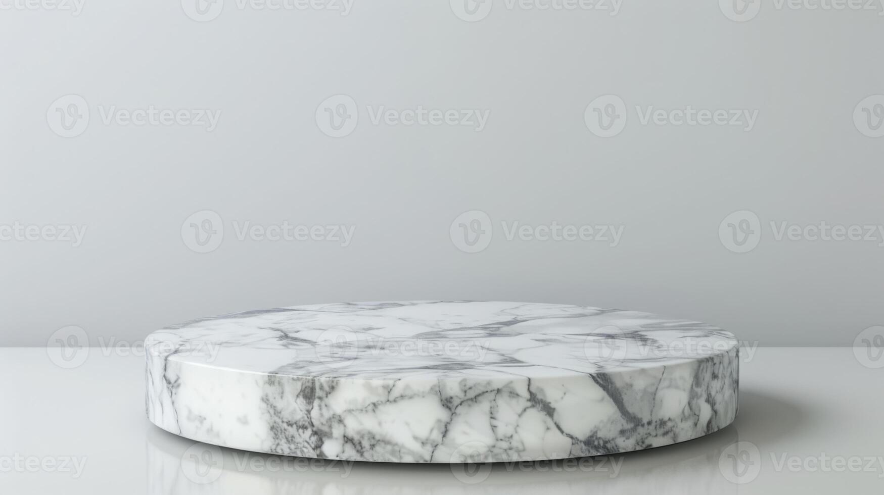 A round marble plinth sits on a reflective surface in a minimalist setting, showcasing sophisticated simplicity. photo