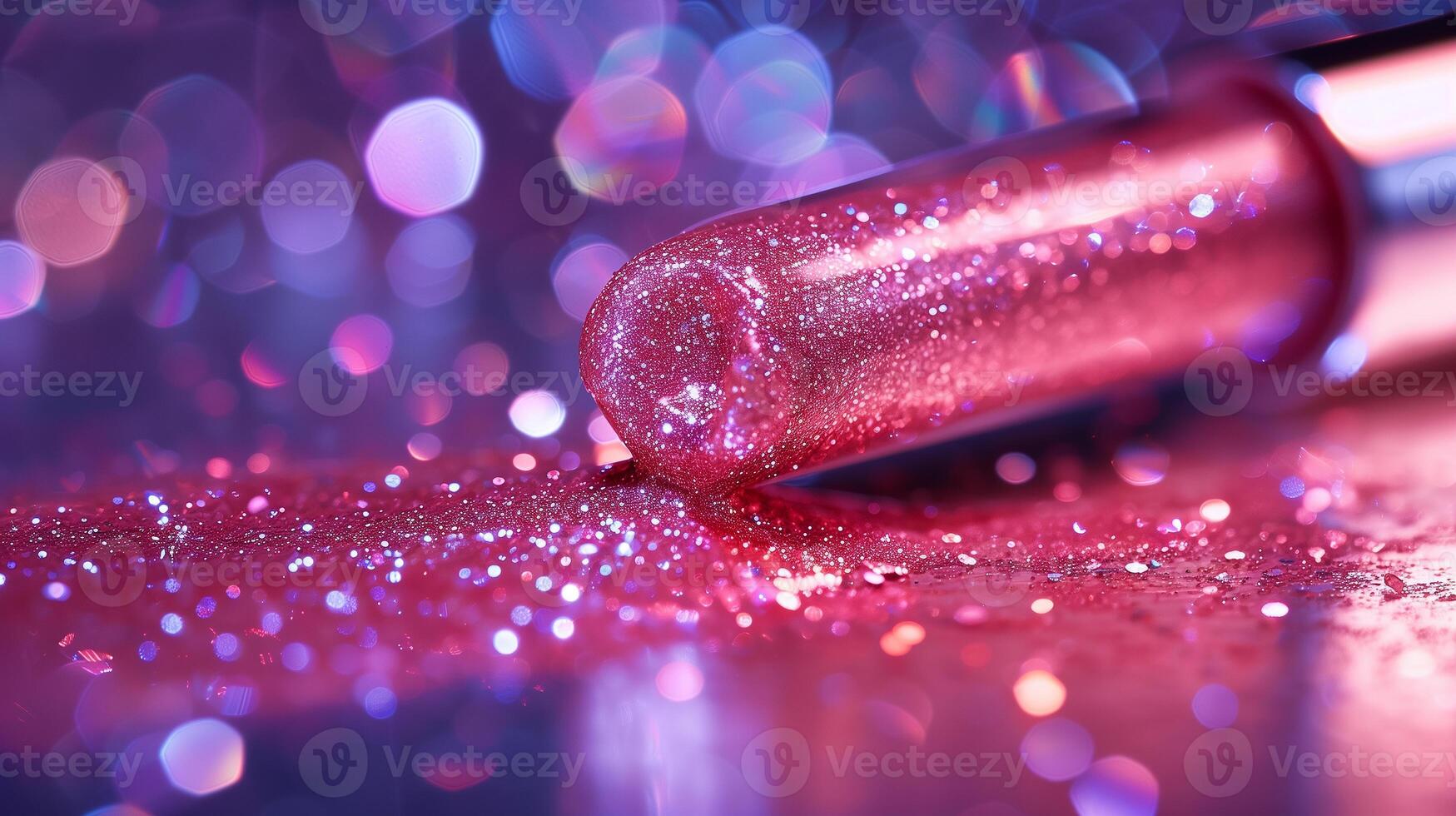 A detailed view of a vibrant pink lipstick resting on a reflective, glossy surface. photo