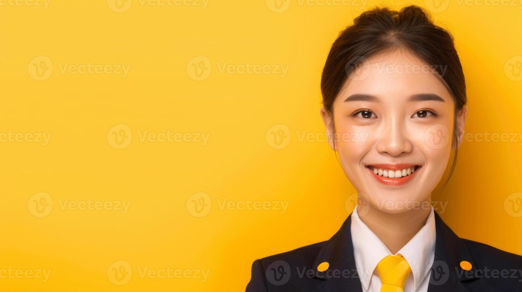 A young woman in a professional dark blue uniform with yellow accents smiles cheerfully against a vibrant yellow backdrop. photo