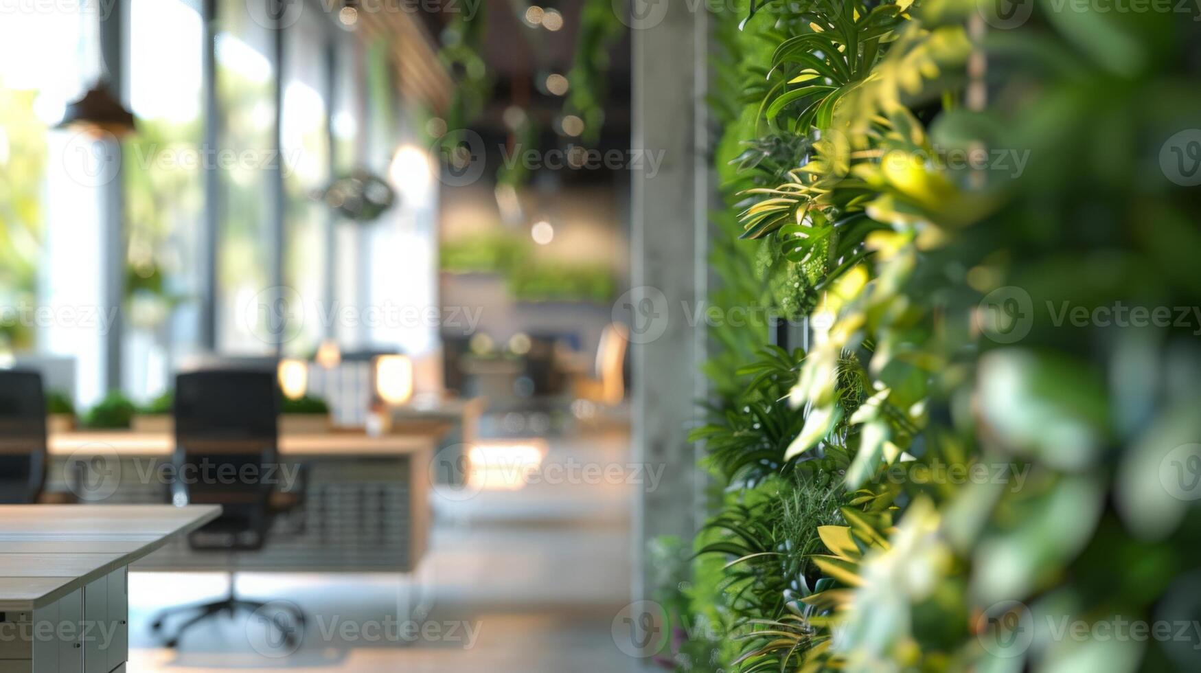 A green wall enhances the office environment featuring rows of chairs and desks for work. photo