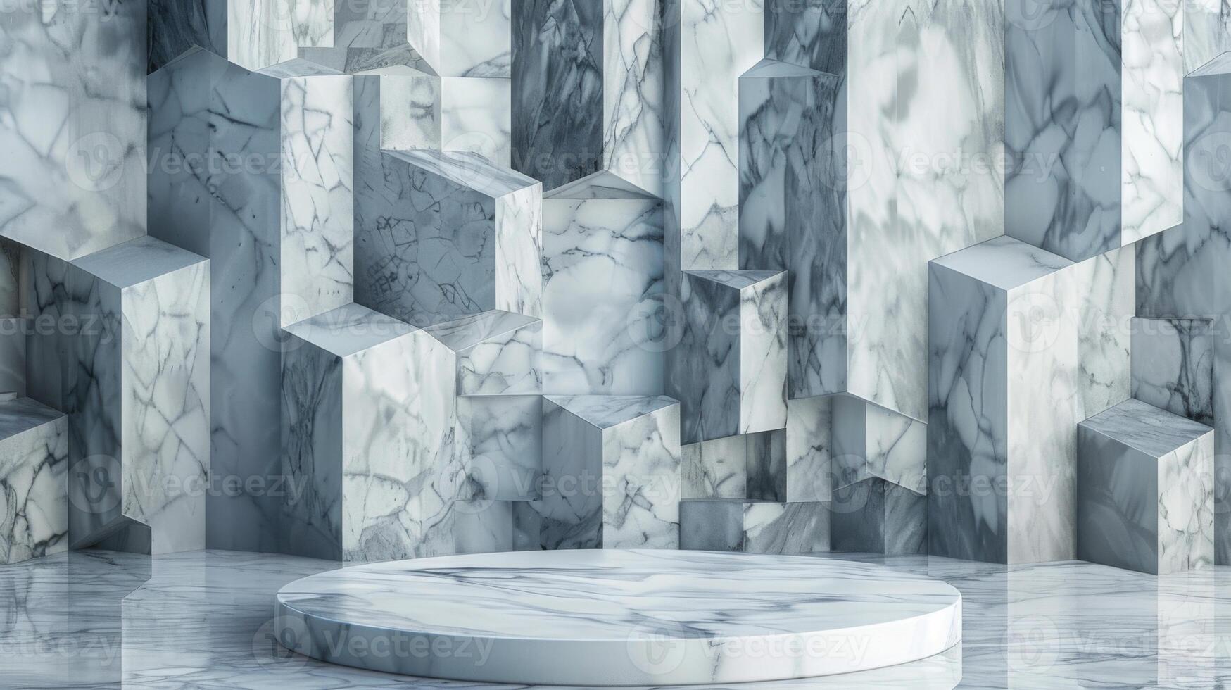 Intricate marble geometric structures create an abstract indoor setting, showcasing modern architecture with natural light highlighting details. photo
