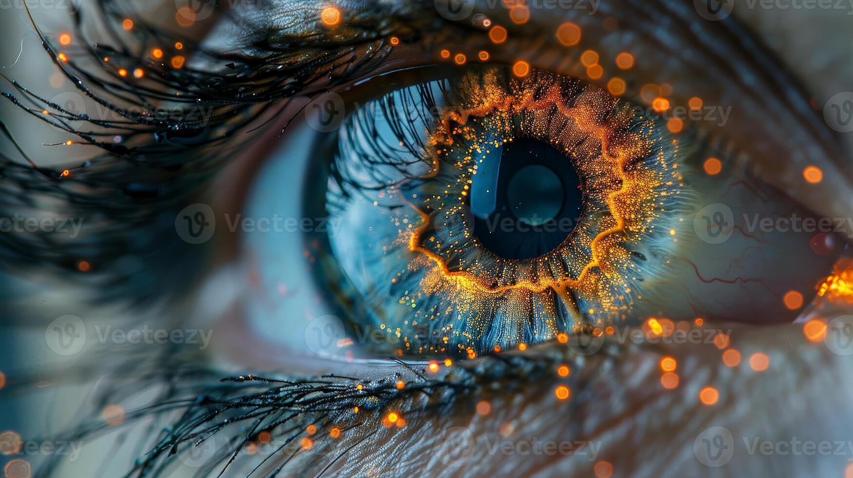 Detailed view of a human blue eye with microchip implants visible. photo