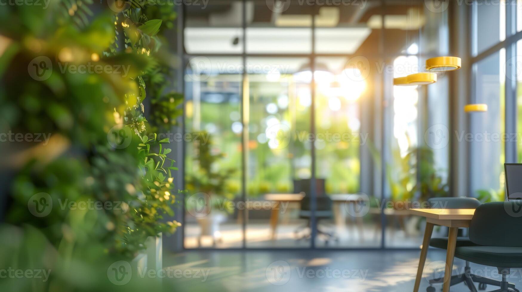 A contemporary office space adorned with indoor plants, bathed in natural light, and featuring glass partitions, creating an open and fresh atmosphere. photo