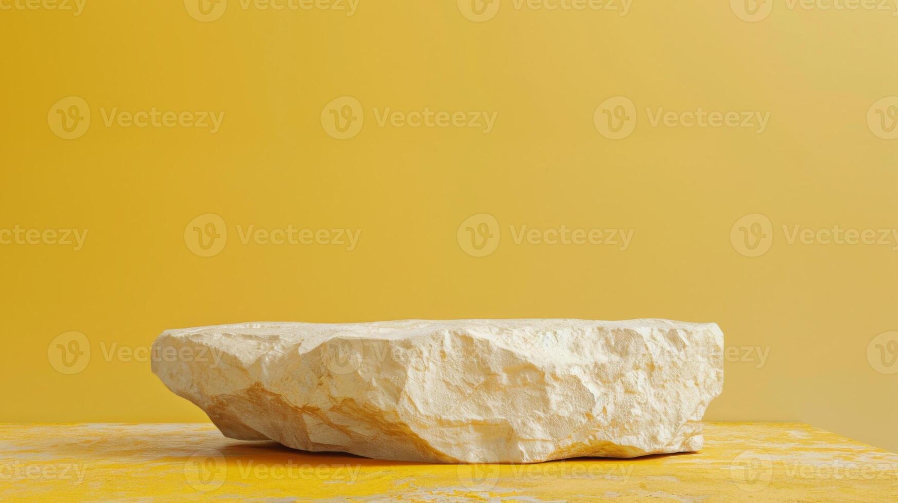 A large, rough stone with a natural textured surface sits on a yellow background, casting soft shadows in daylight. photo