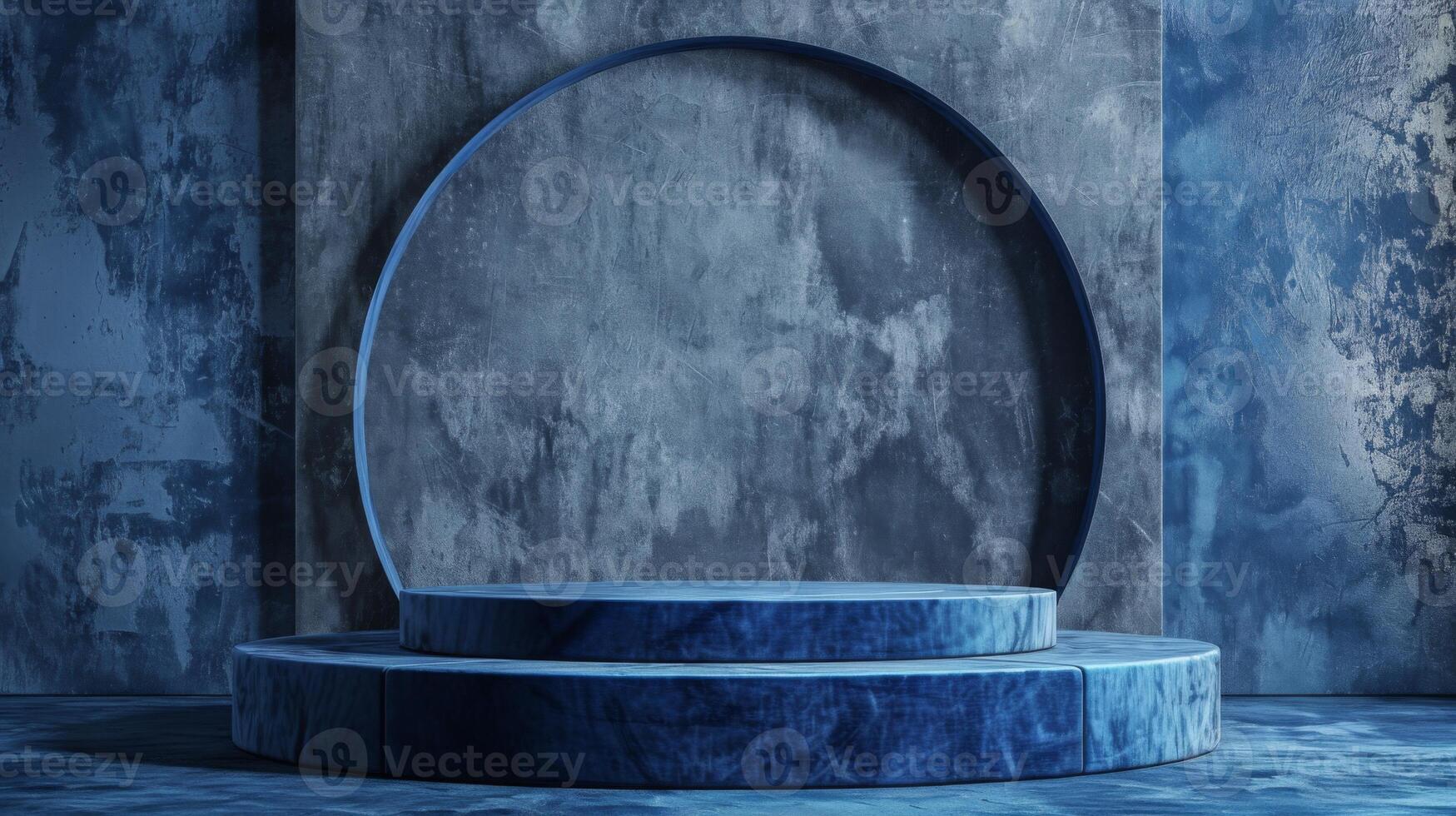 A modern circular blue pedestal with industrial design elements, set against a textured blue background in daylight. photo