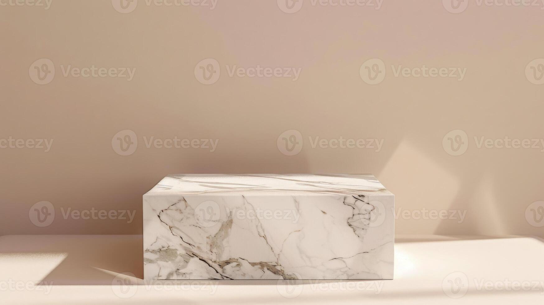 A marble box rests on a sunlit table inside a minimalist space, casting soft shadows in the ambient light. The marbles veining pattern is clearly visible. photo