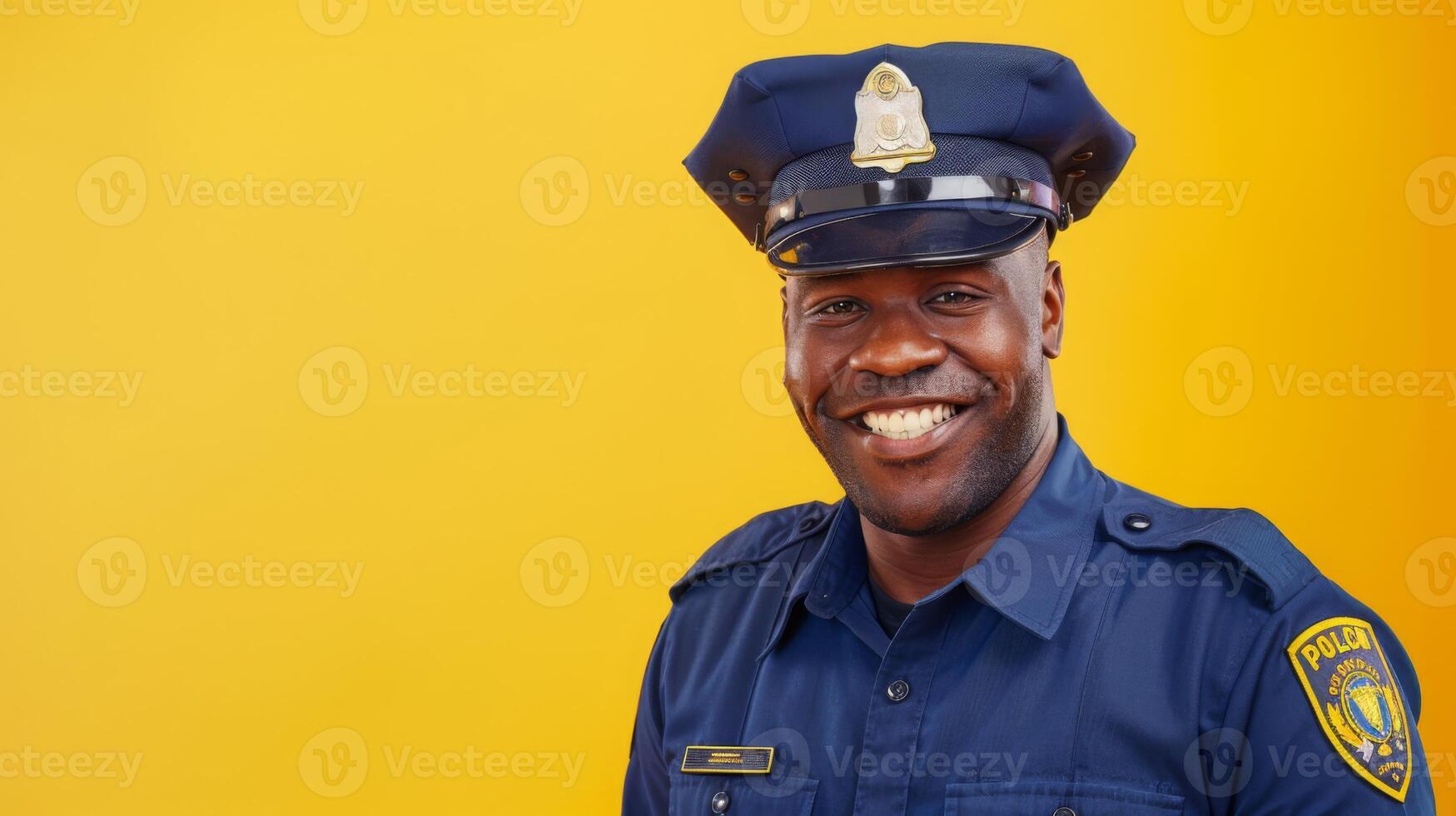 A cheerful police officer in full uniform stands against a vibrant yellow background, showcasing a friendly demeanor. photo