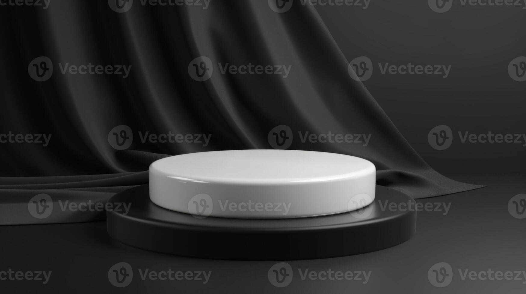 A sleek white pedestal stands on a black base, set against a dark draped background, showcasing minimalist design under studio lights. photo