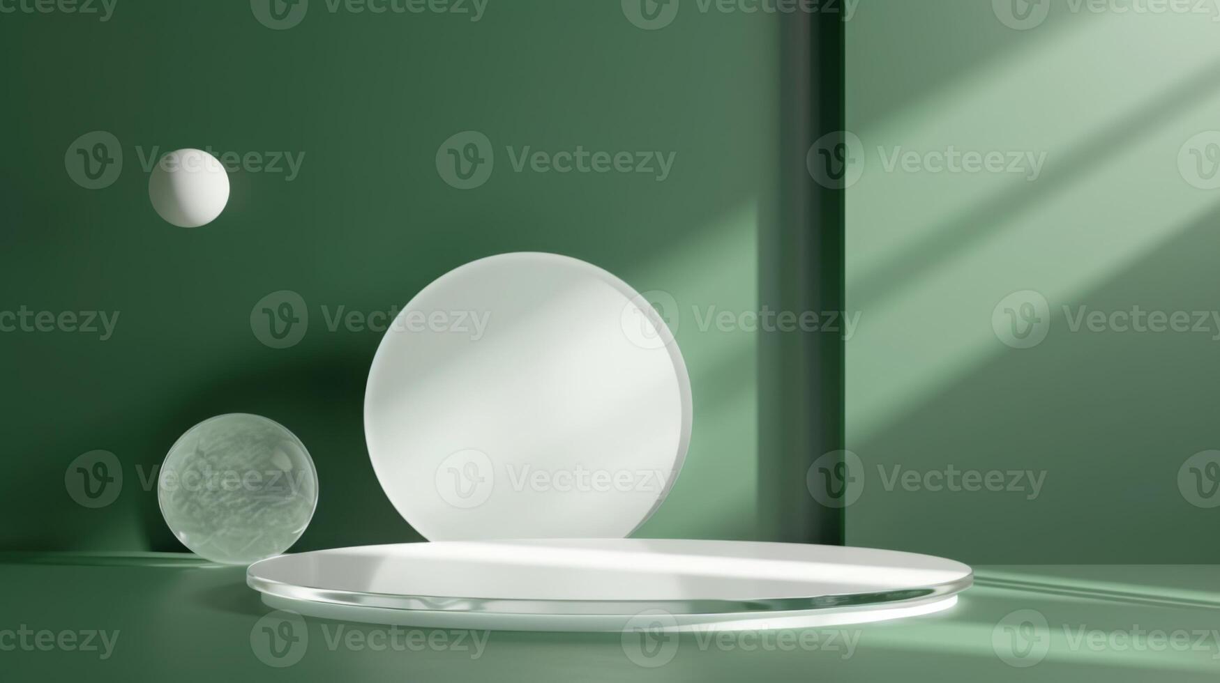 Abstract arrangement of white circular objects on a green surface with light and shadow play, creating a minimalist, modern aesthetic. photo