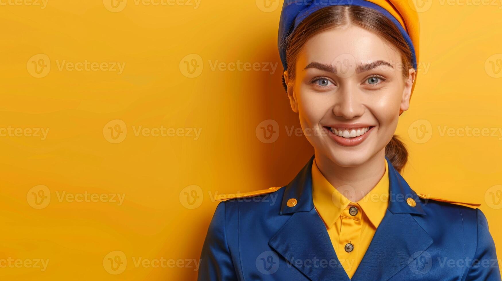 A woman dressed in a blue suit and yellow shirt standing confidently. photo
