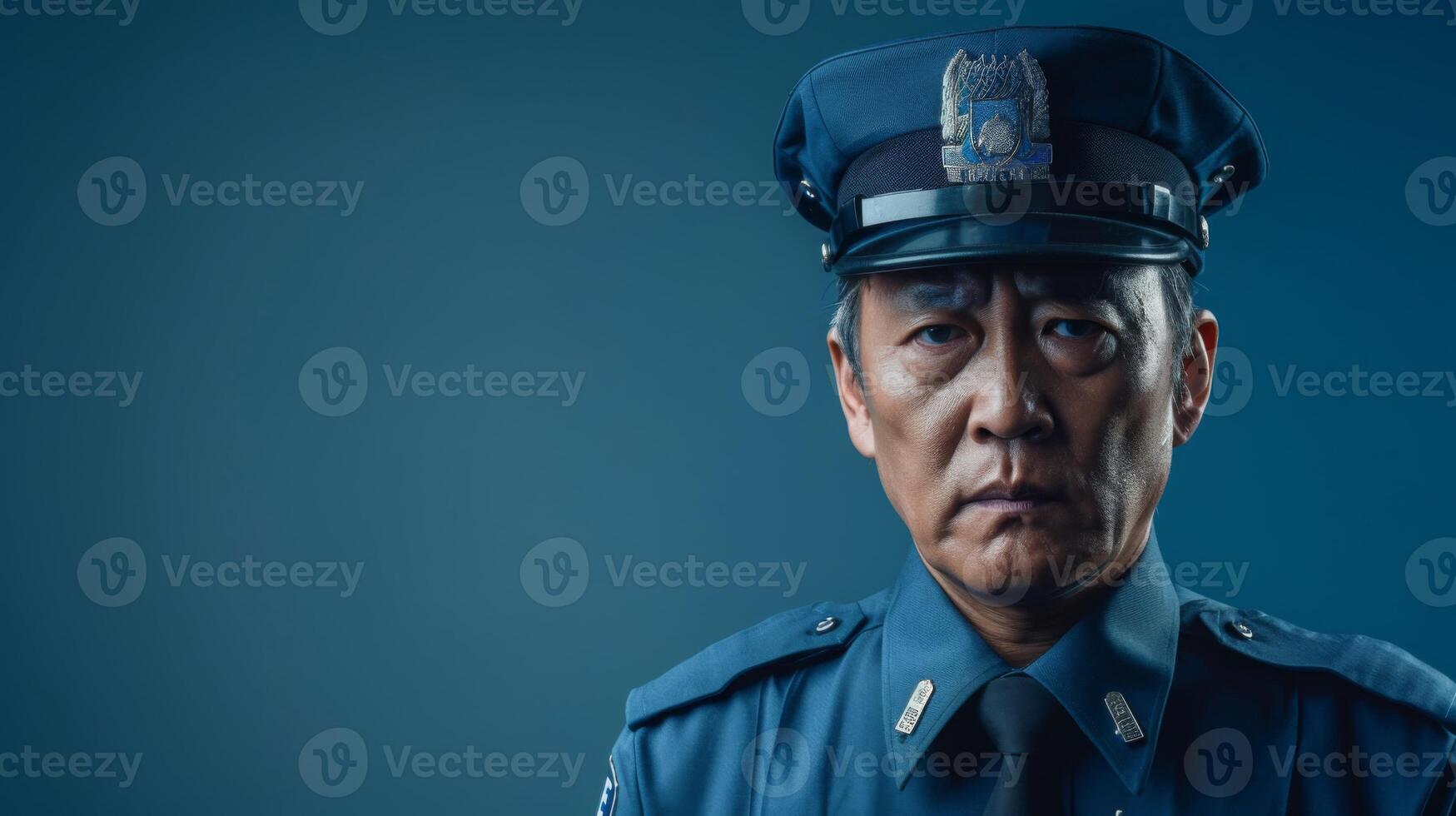 A stern-faced asian police officer stands in full uniform against a solid blue background, captured under studio lighting. photo