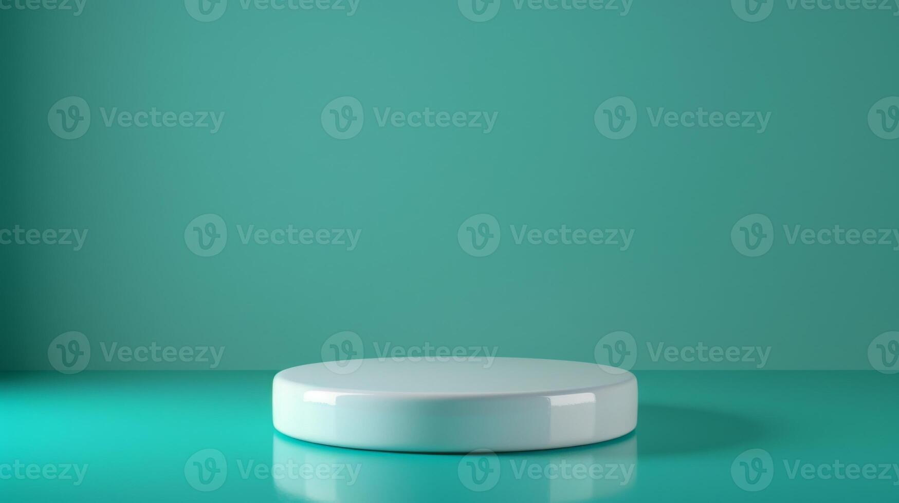A minimalist white circular platform is placed against a vibrant teal background under studio lighting, creating a modern and clean visual effect. photo