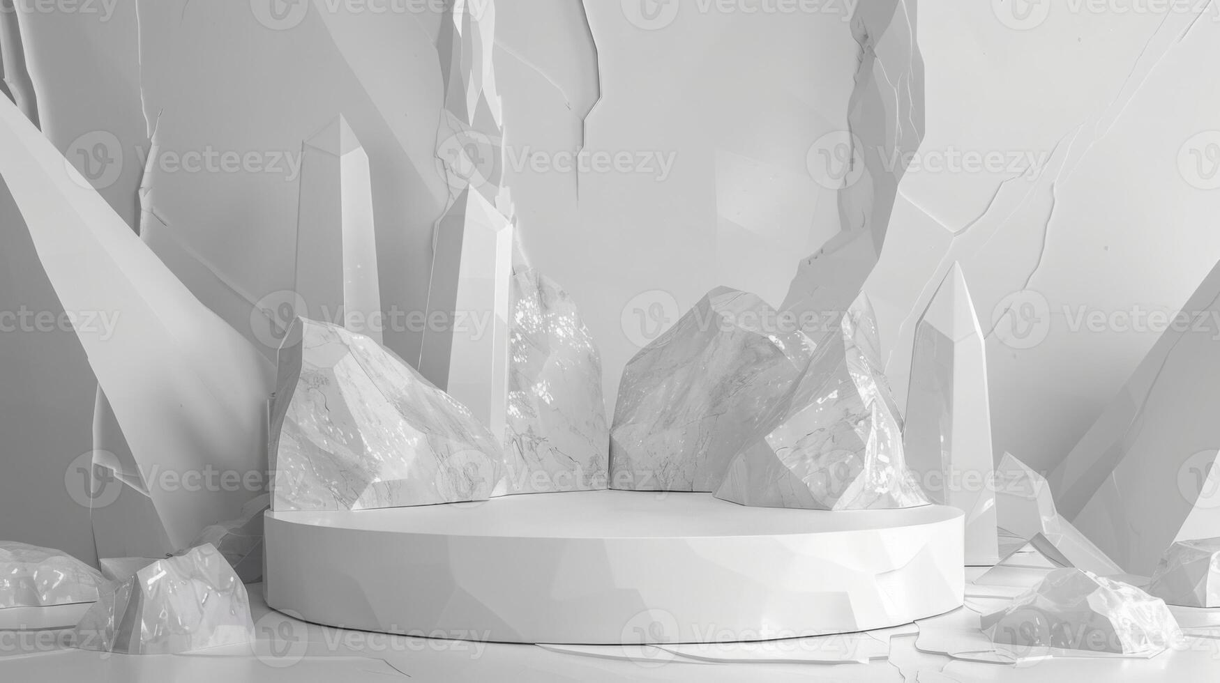 A futuristic setting with large, geometric crystal formations surrounding a circular platform, all in a monochrome light. photo