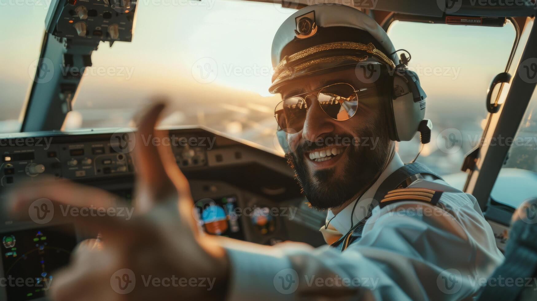 A cheerful airline pilot gives a thumbs-up inside the cockpit of an airplane during a scenic sunset flight. photo