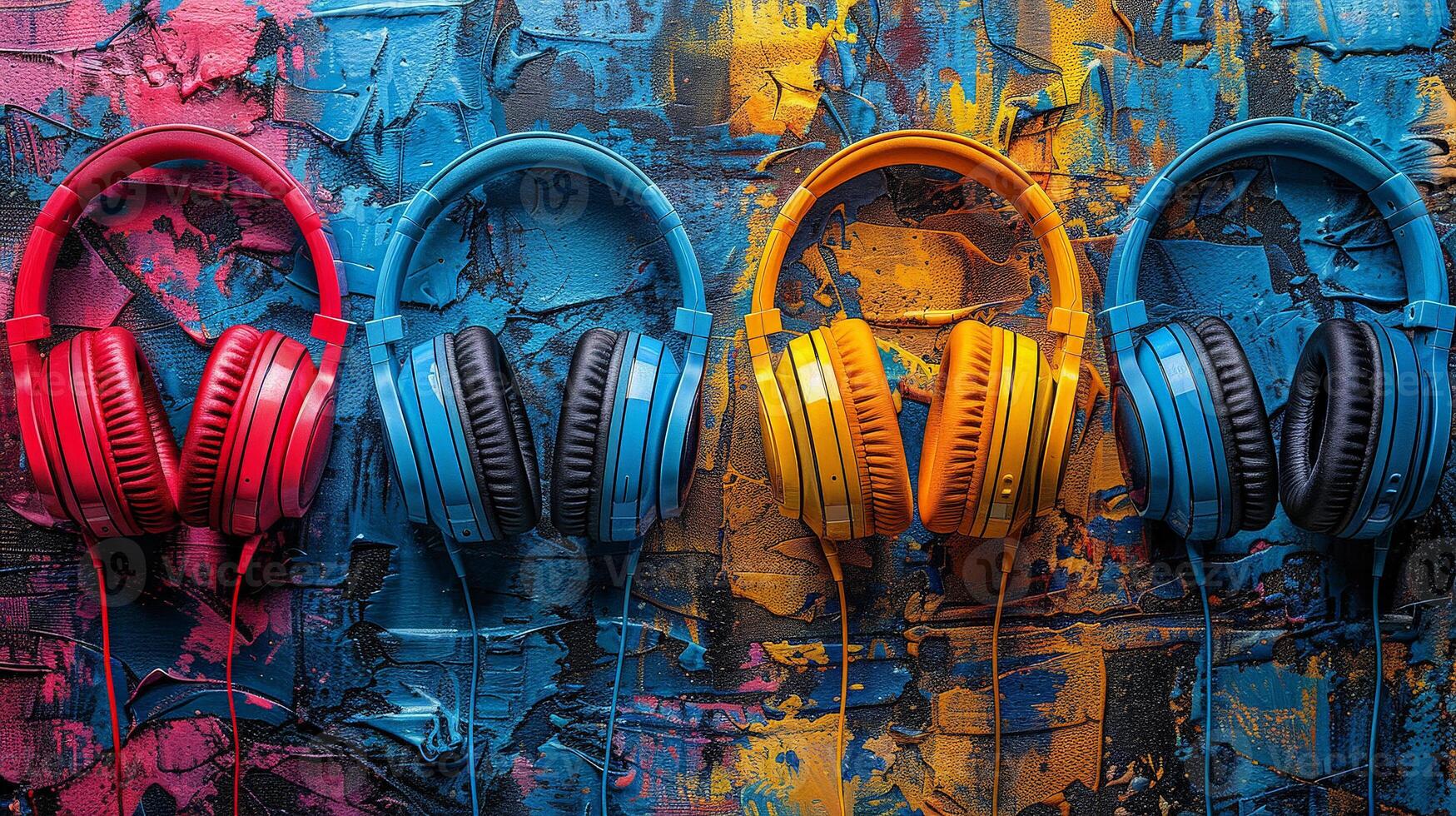 Assorted colorful headphones hanging neatly on a wall, creating a visually appealing display. photo