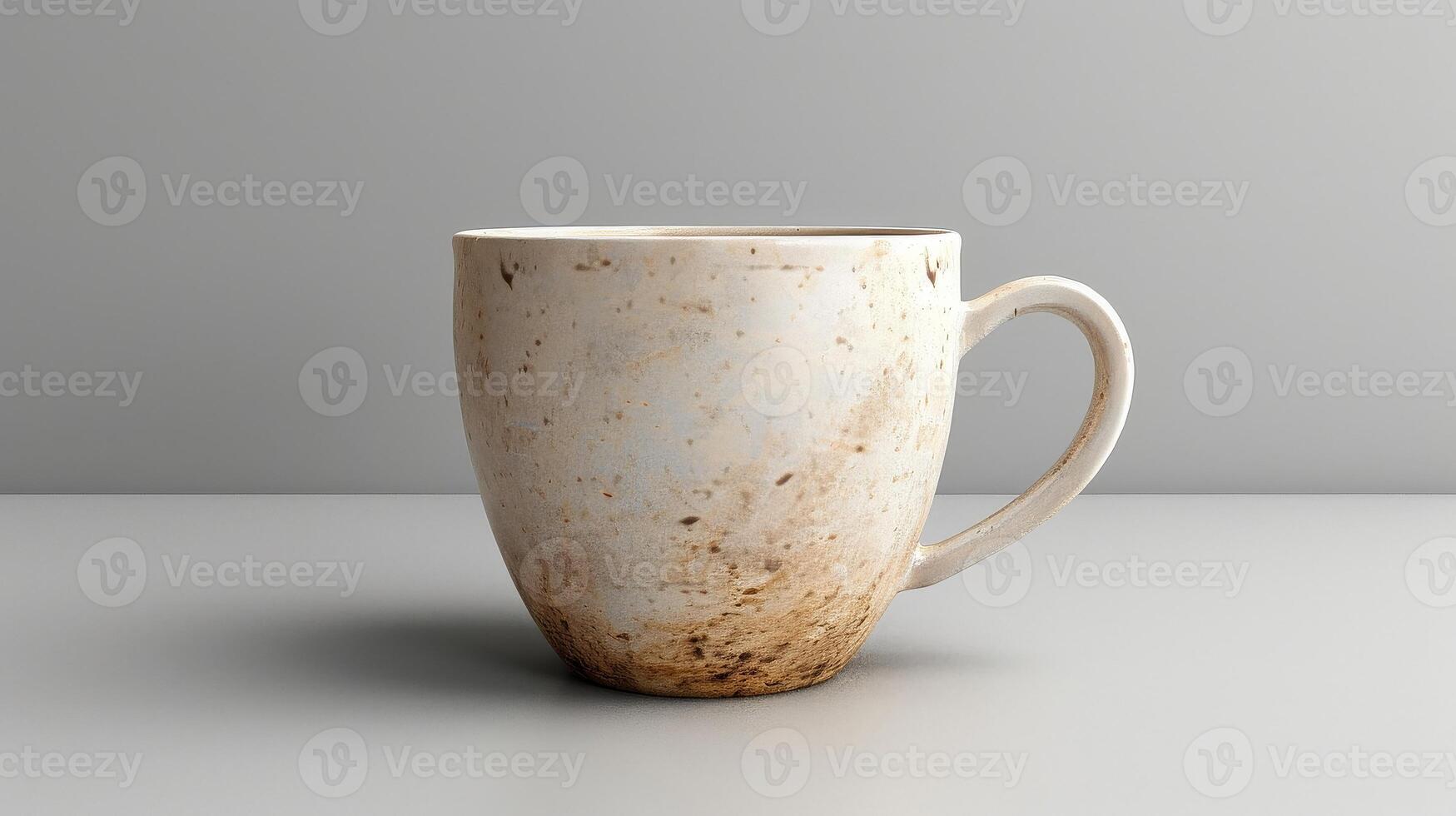 A white coffee cup is placed on top of a table. photo