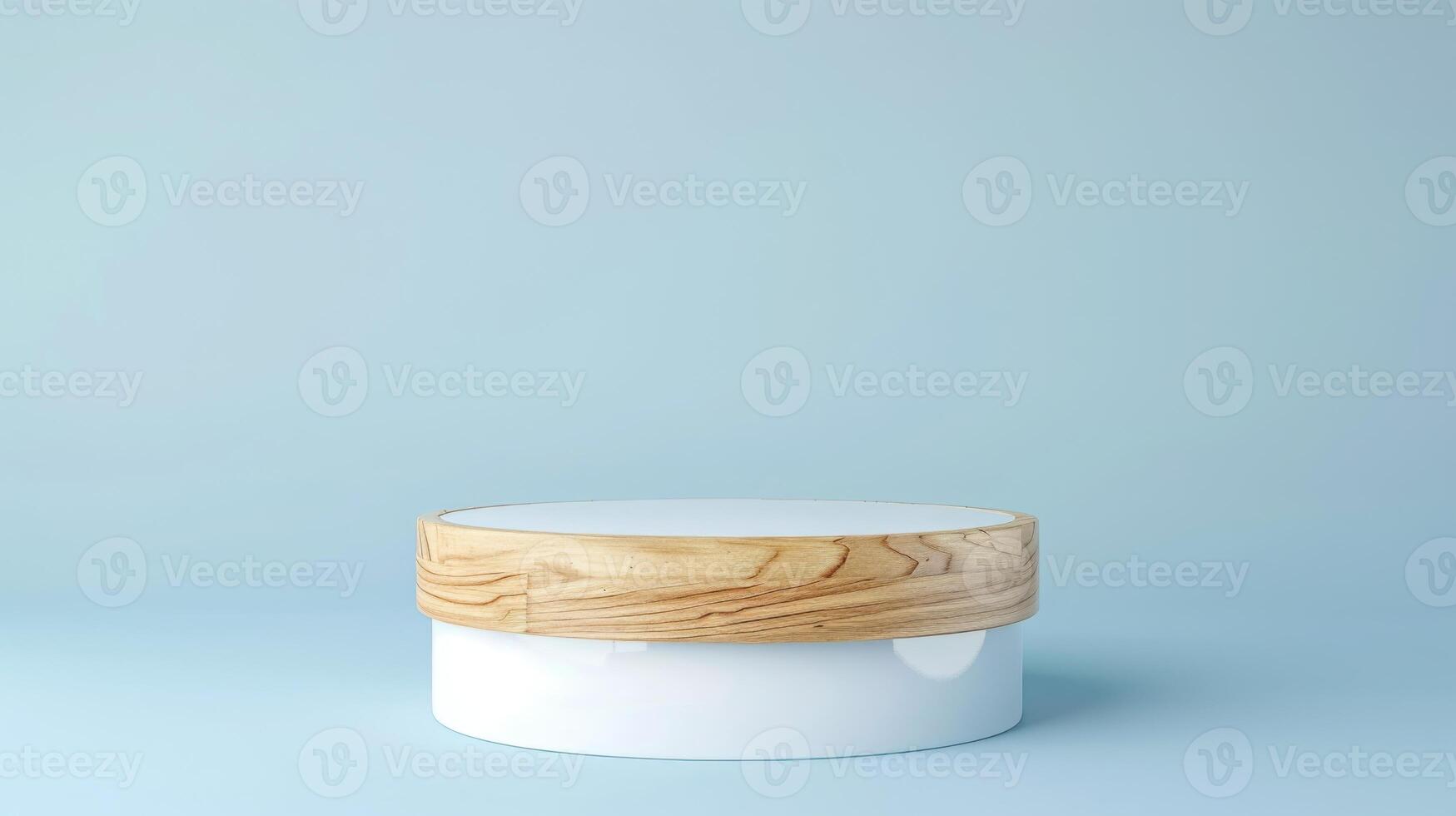 A round wooden-lidded, white ceramic container sits on a smooth light blue surface, highlighting its minimalist design and modern aesthetic. photo