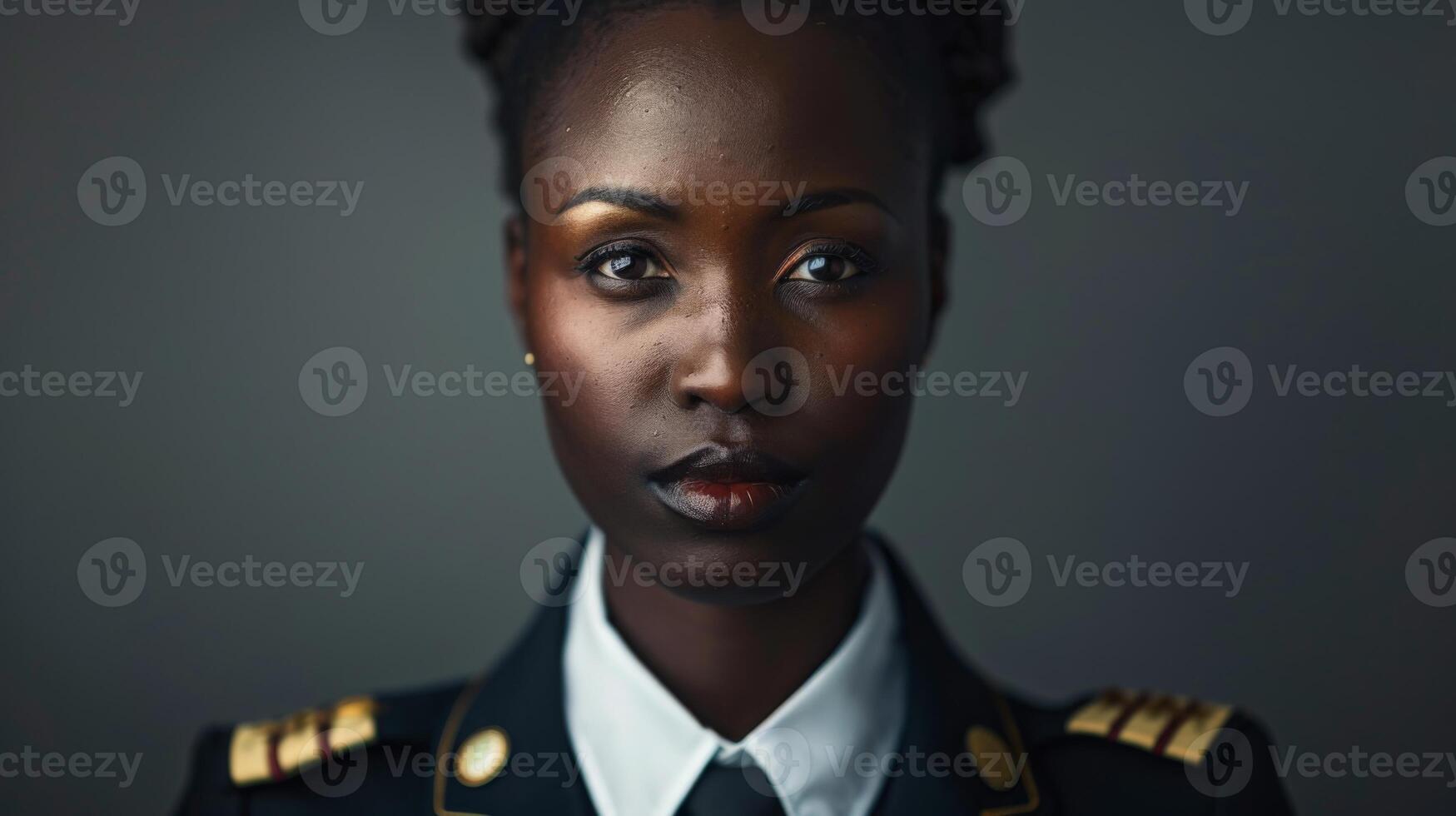 A serious black female military officer stands indoors in formal dress uniform, looking directly at the camera, with a focused expression. photo
