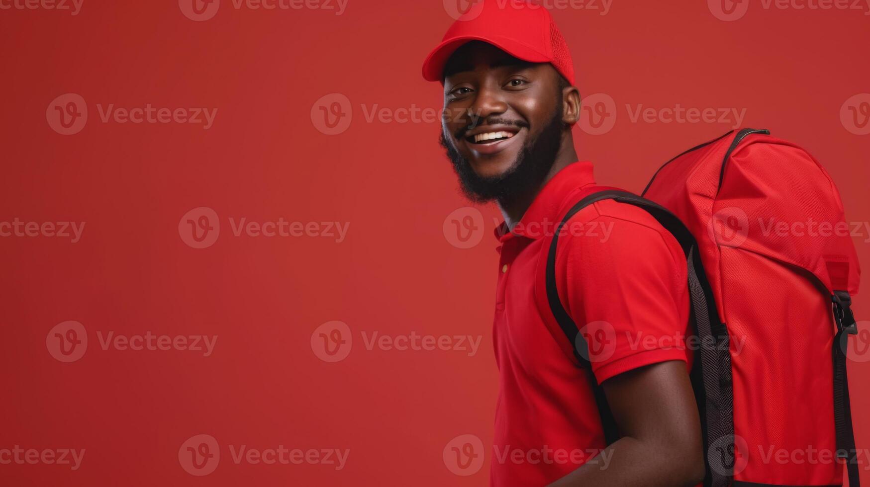 A cheerful black delivery worker is standing confidently with a red backpack and cap against a vibrant red background, ready for his next delivery. photo