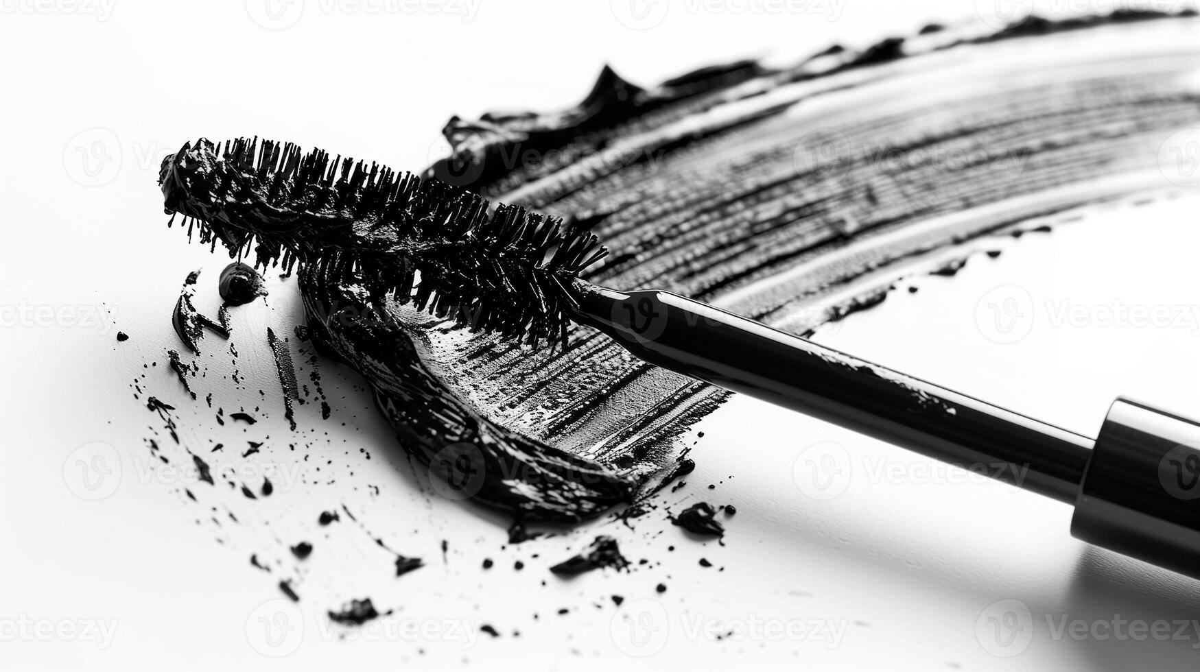 A detailed view of a black mascara brush with mascara smeared artfully across a white surface. photo