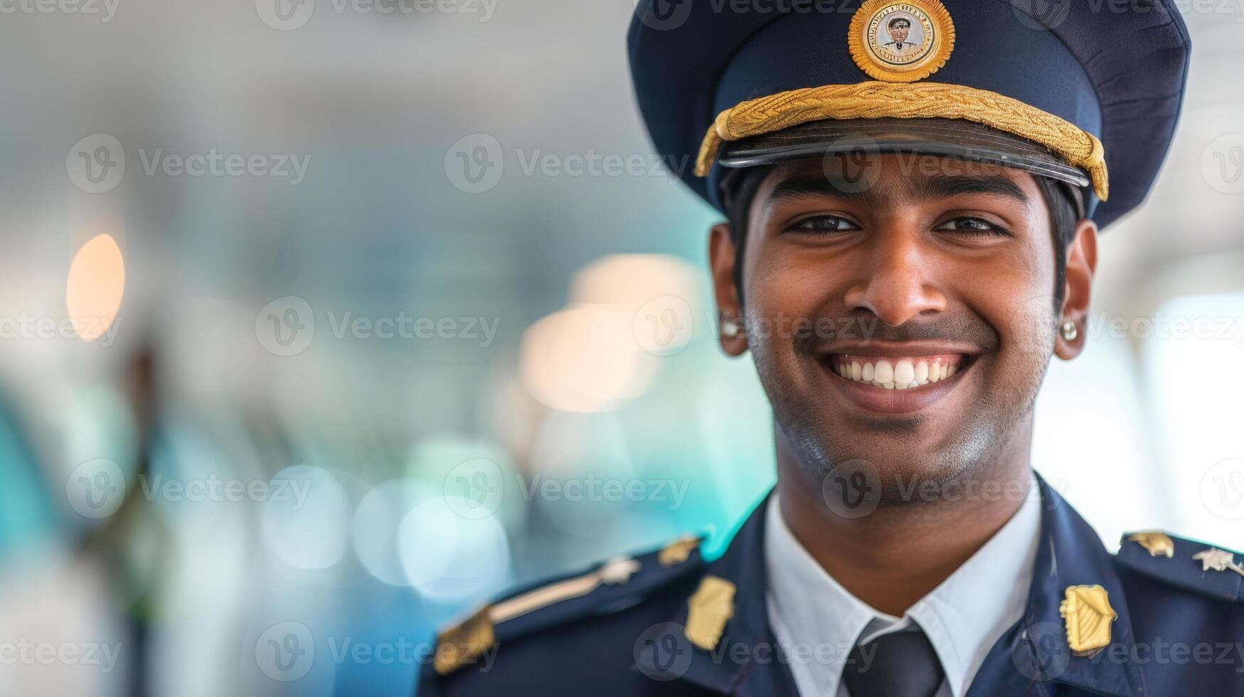 A cheerful security officer in uniform smiles warmly, standing inside a bright train station, creating a welcoming atmosphere. photo