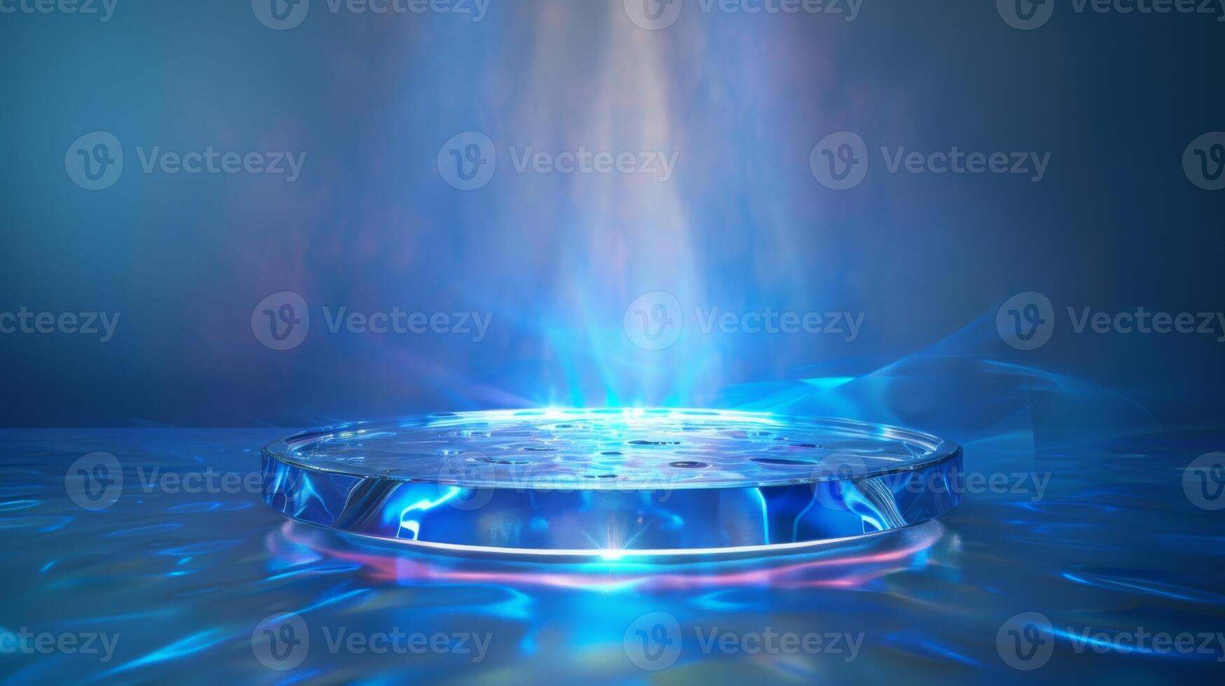 A circular platform emits vibrant blue and pink lights, creating a mystical ambiance in a dark setting. The surrounding area is softly illuminated by the radiant glow. photo