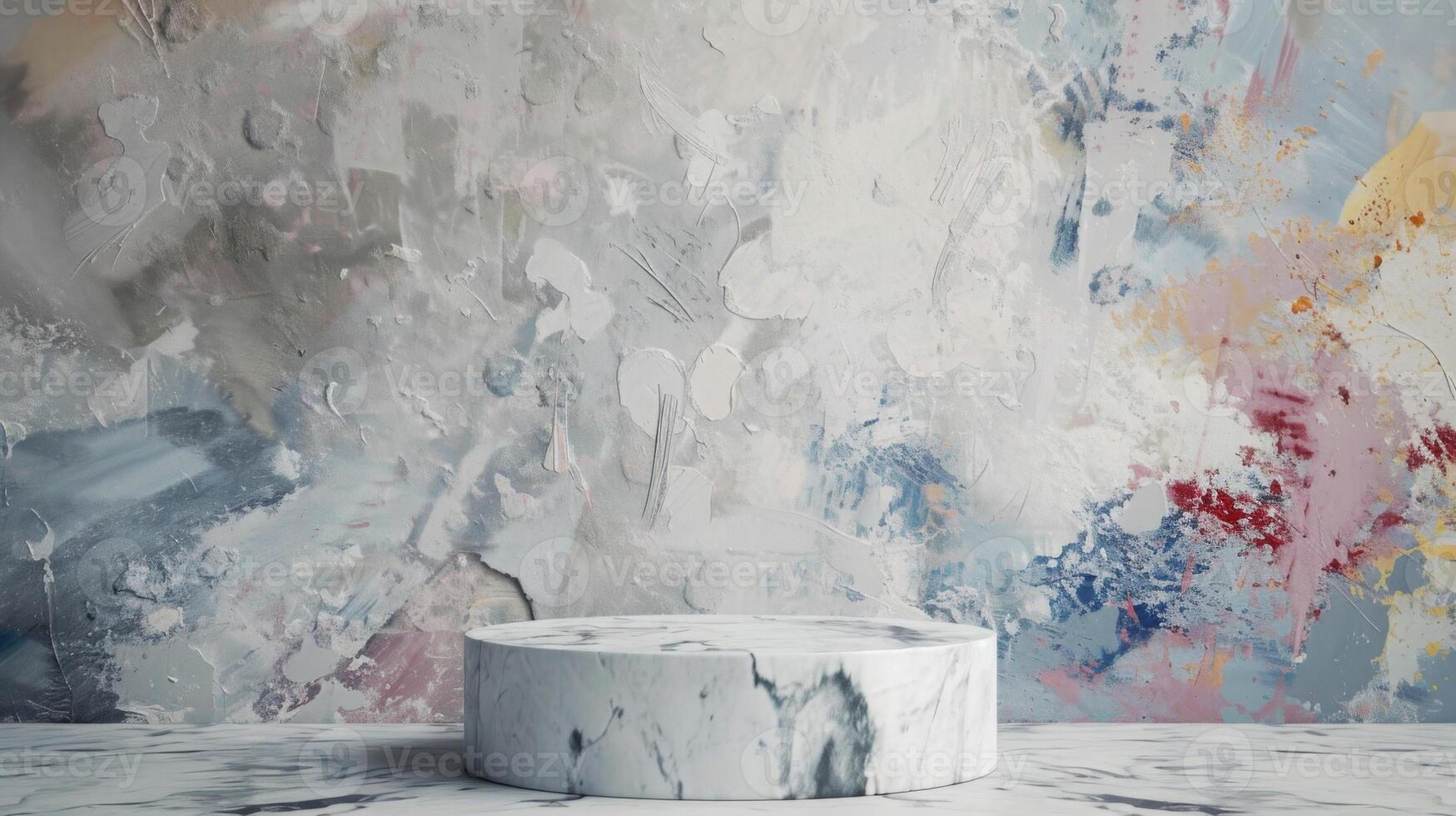 A marble pedestal stands before a vibrant, abstract mural with swirling colors and textures, capturing midday light. photo