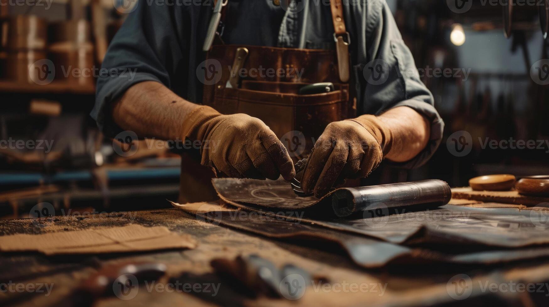A man is focused on working in a leather workshop, cutting and stitching pieces of leather to create various items. photo