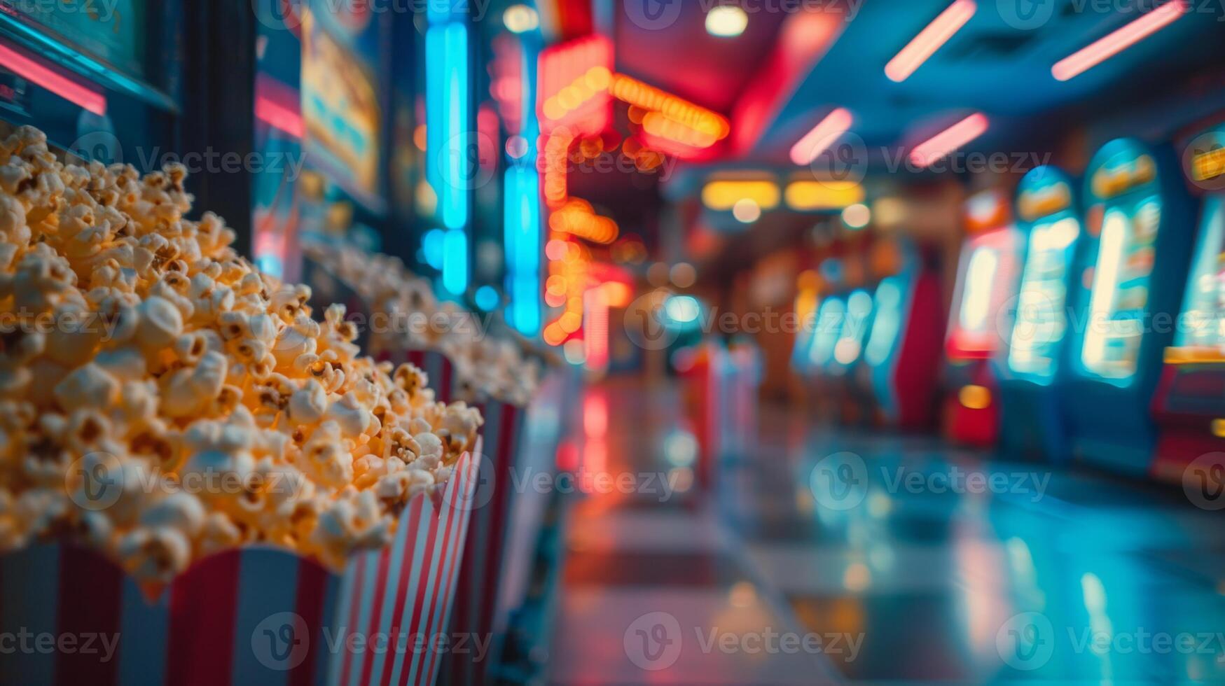 Fresh popcorn in striped containers is lined up at a movie theaters snack bar, illuminated by vibrant neon lights. photo