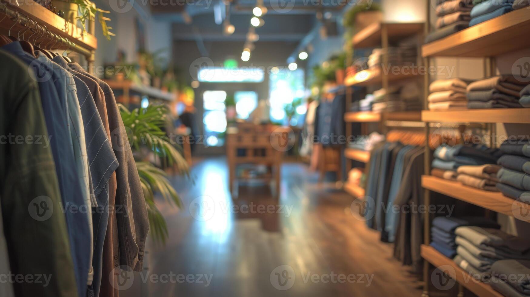 A neatly arranged clothing boutique features wooden shelves and racks displaying folded and hanging garments, with natural light streaming in from the entrance. photo