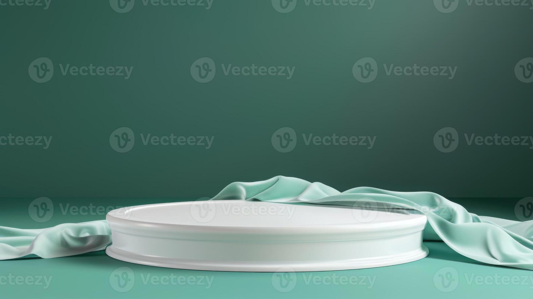 A white pedestal is draped with green fabric and set against a uniform green background, illuminated by soft studio lighting. photo